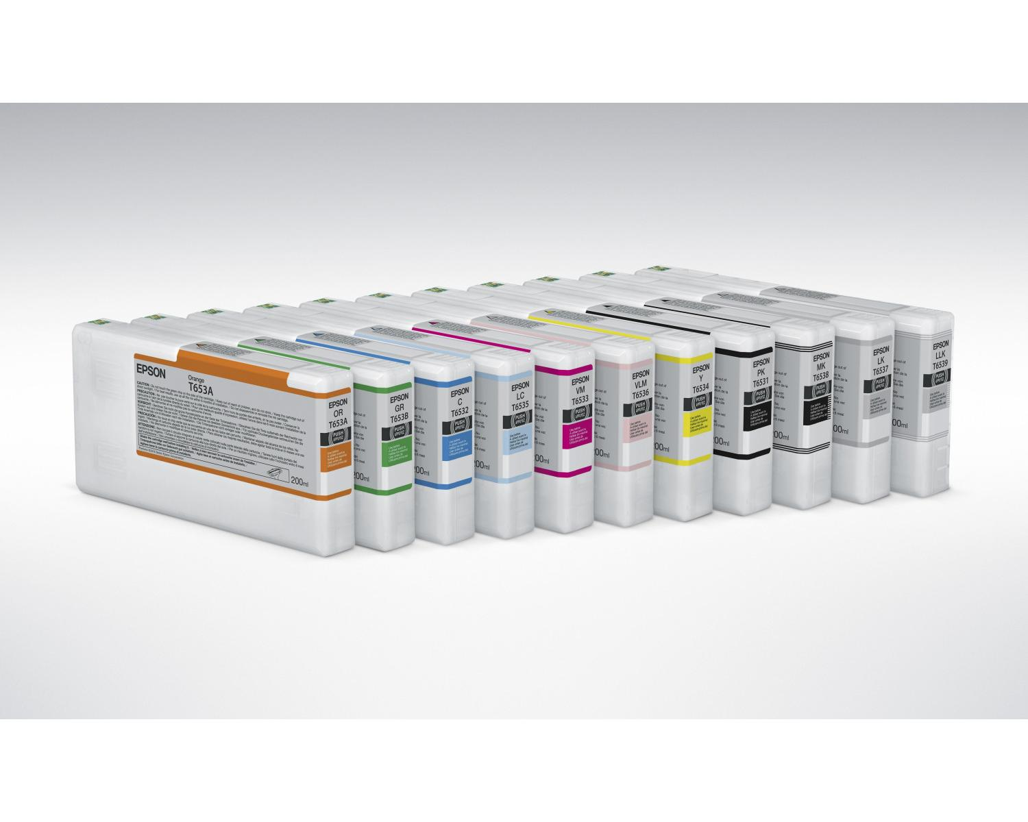 Rij Epson-inktcartridges in verschillende kleuren en maten.