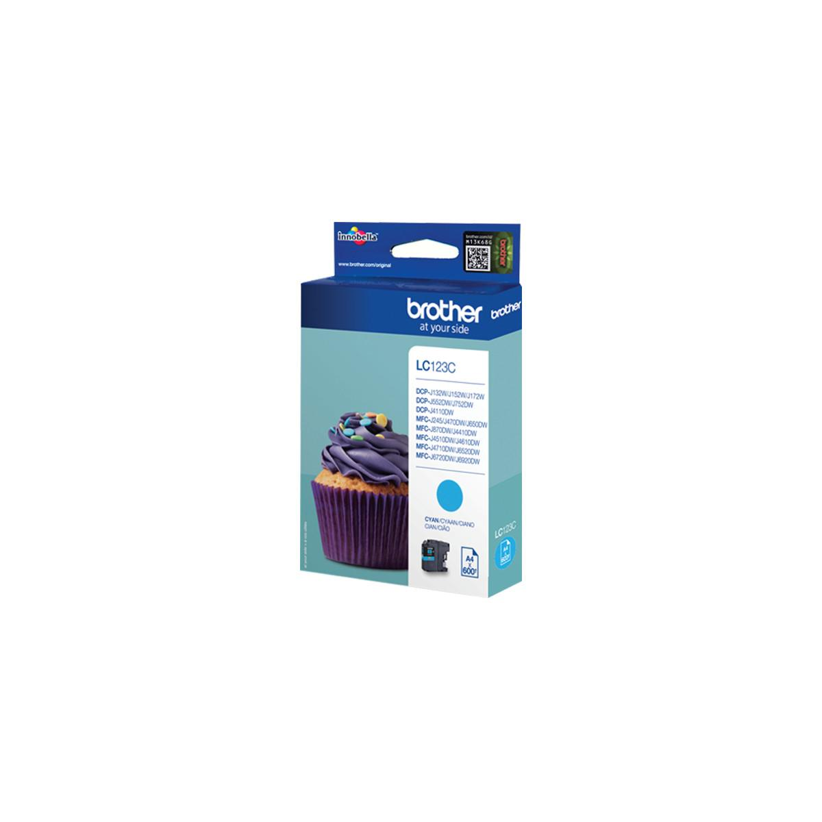 A Brother LC123C cyan ink box with a cupcake image.