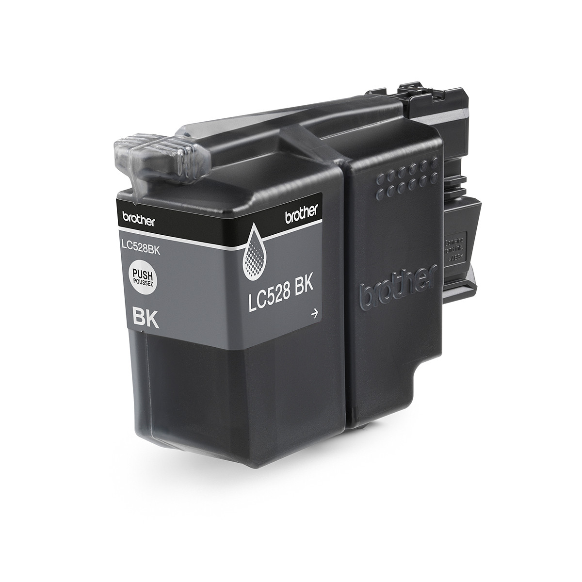 Cartuccia d'inchiostro nera Brother LC528BK con etichetta e tappo.