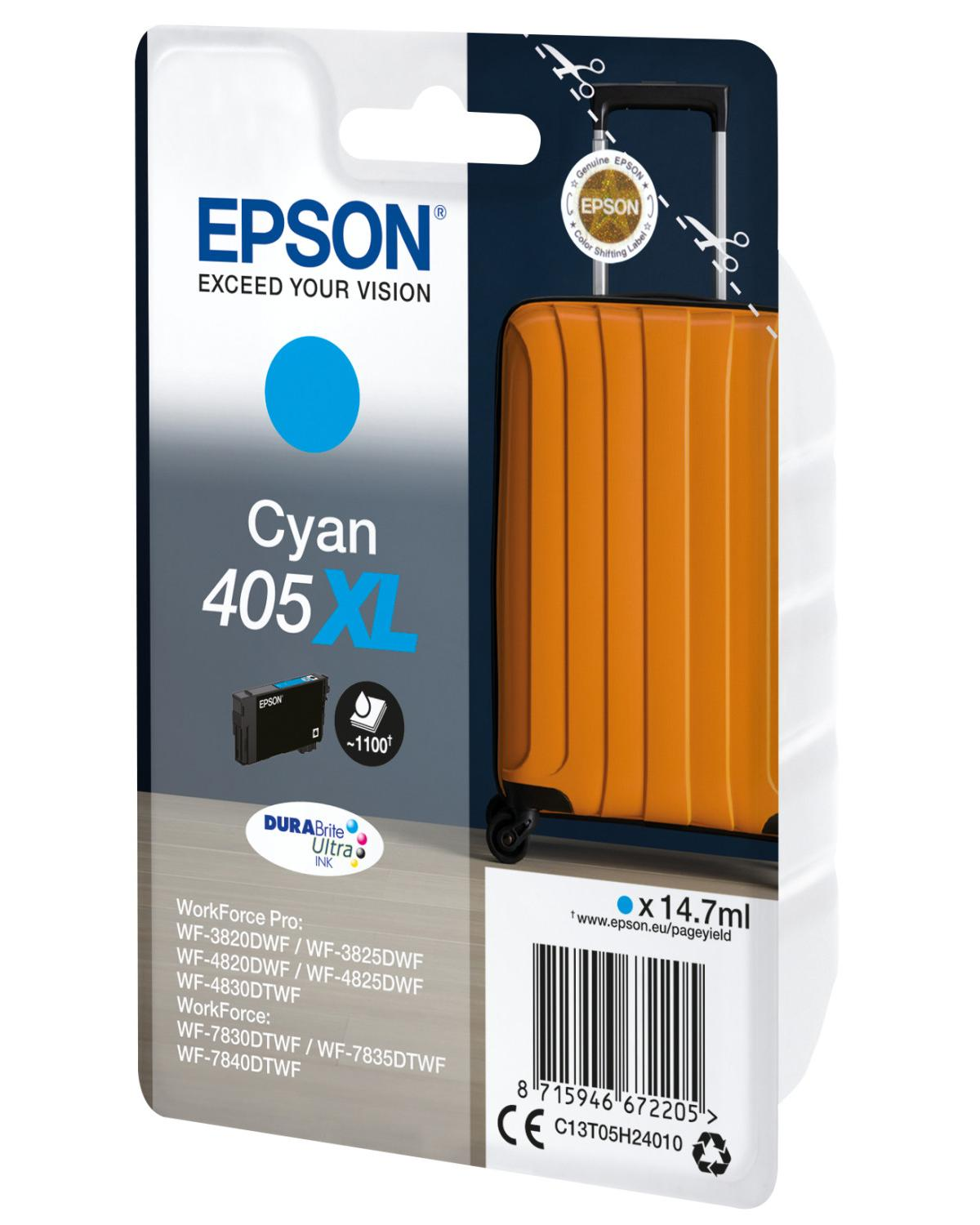 Confezione di cartucce d'inchiostro Epson Cyan 405XL con grafica valigia arancione.