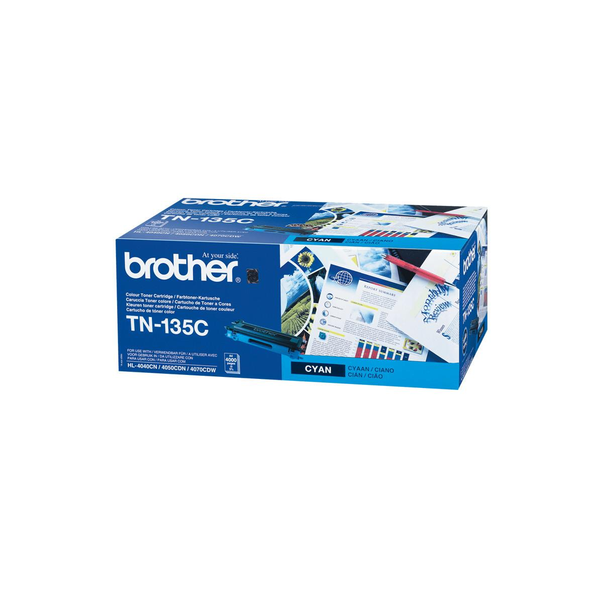Brother TN-135C cyan toner cartridge packaging with details shown.