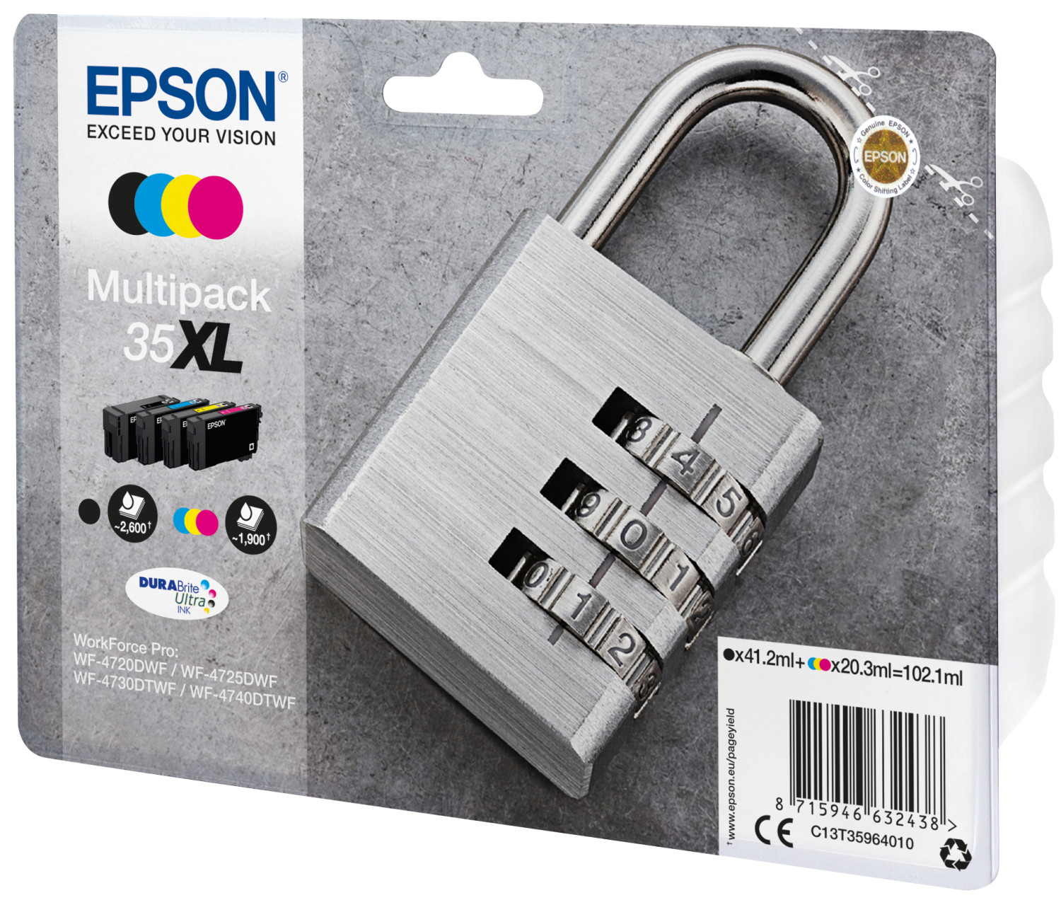 Cartuchos de tinta Epson Multipack 35XL con un candado plateado en el embalaje.