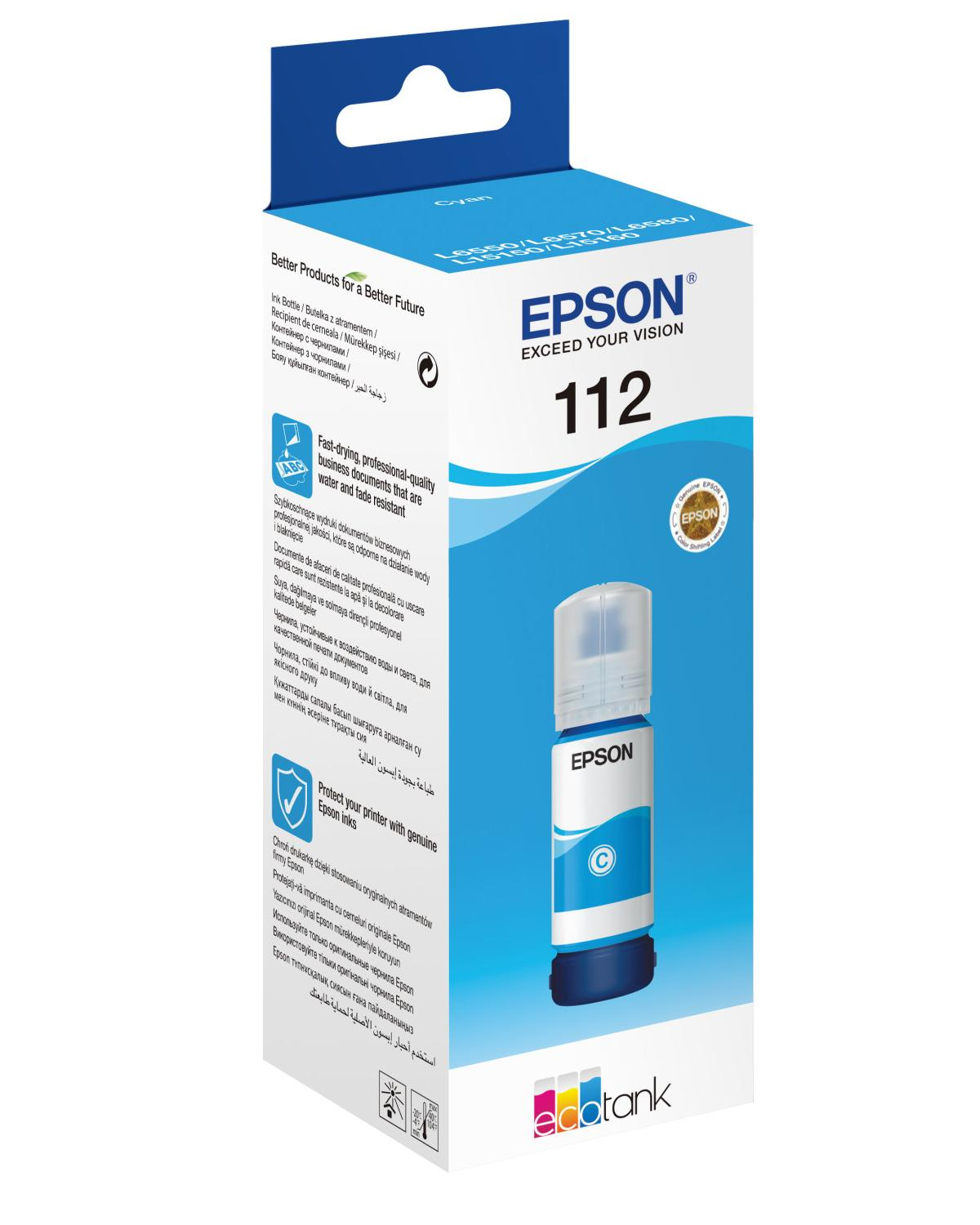 Butelka tuszu Epson 112 EcoTank Cyan na białym pudełku z detalami produktu.
