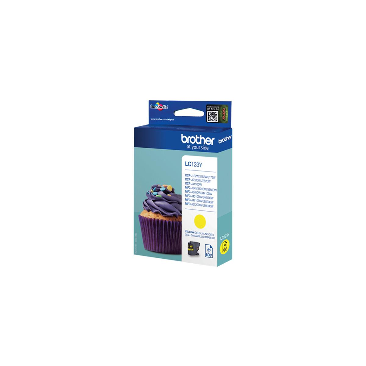 Cartucho de tinta Brother LC123Y amarillo con imagen de cupcake.