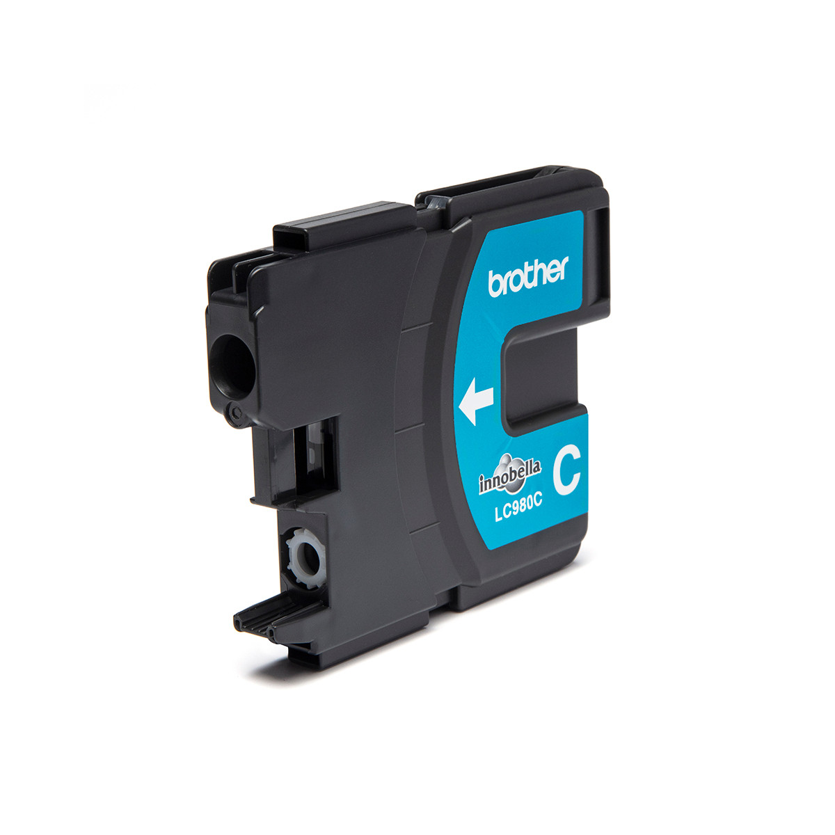 Cartuccia d'inchiostro nera con etichetta blu che mostra 'Brother LC980C'.