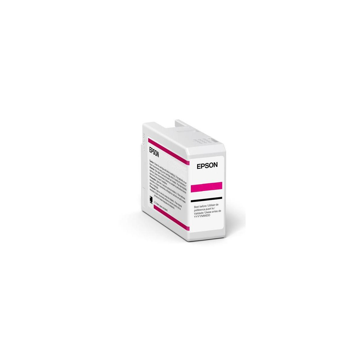 Una cartuccia d'inchiostro Epson magenta con etichette e data di scadenza.