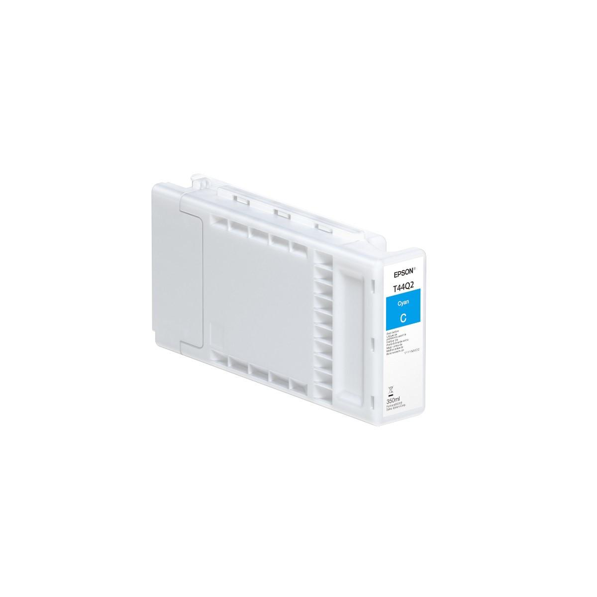 Ein weißer Epson T44Q2 Cyan-Tintenbehälter mit 350 ml Inhalt ist auf weißem Hintergrund isoliert.