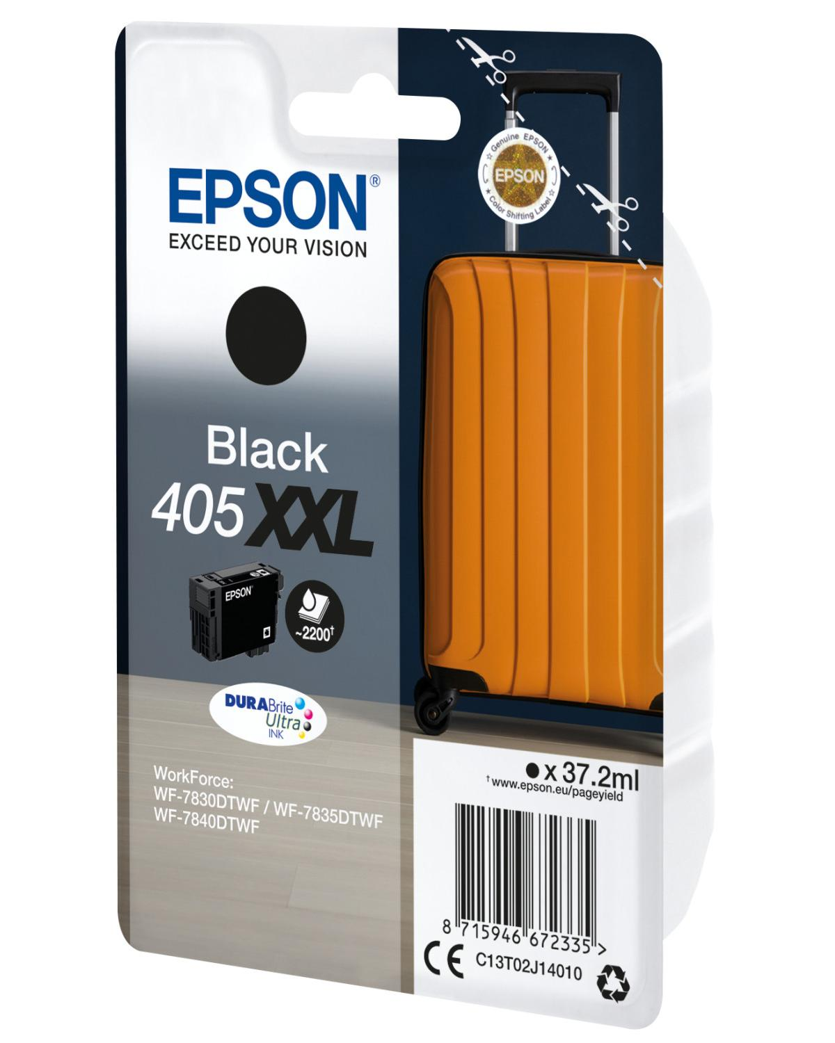 Czarny tusz Epson 405 XXL w opakowaniu z motywem walizki i kodem kreskowym.
