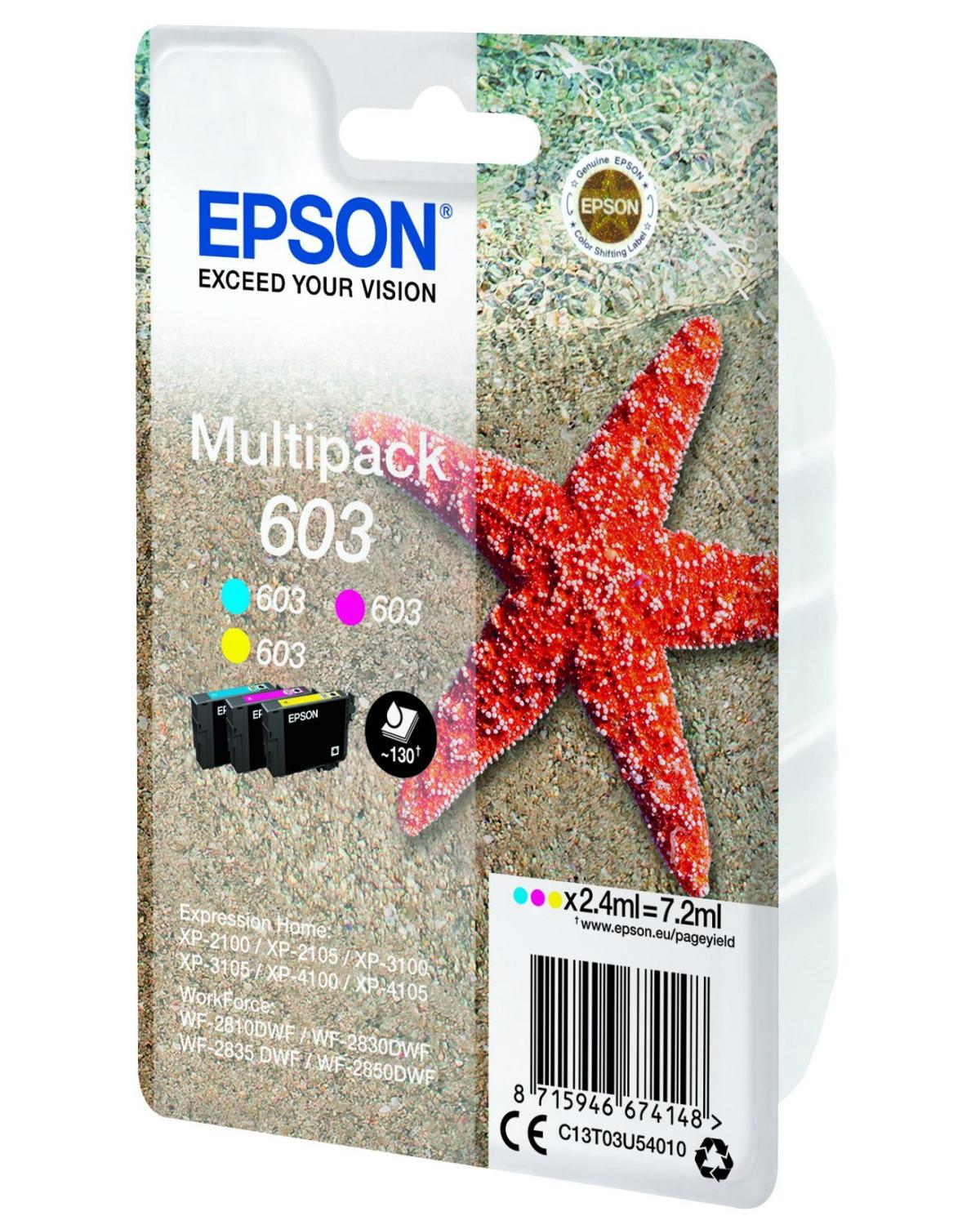 Cartouches d'encre Epson 603 multipack avec étoile de mer rouge sur sable et eau.