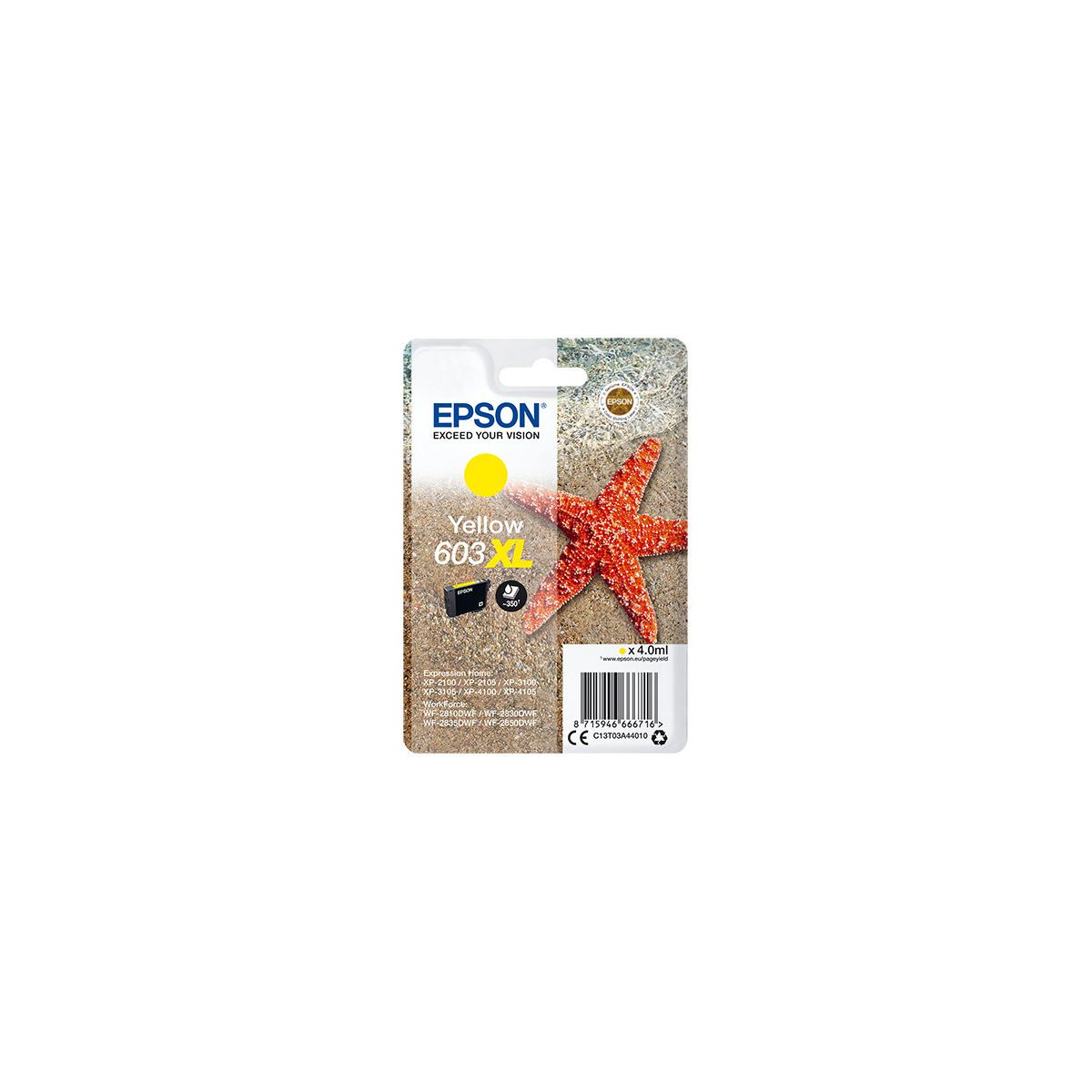 Epson 603XL gele inktcartridge met zeester op zand.