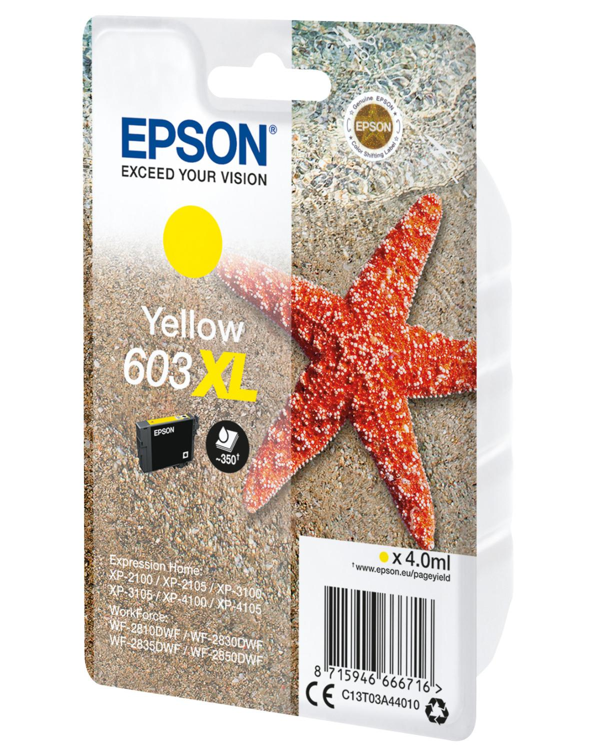 Epson 603XL gele inktcartridge met zeester op strand.
