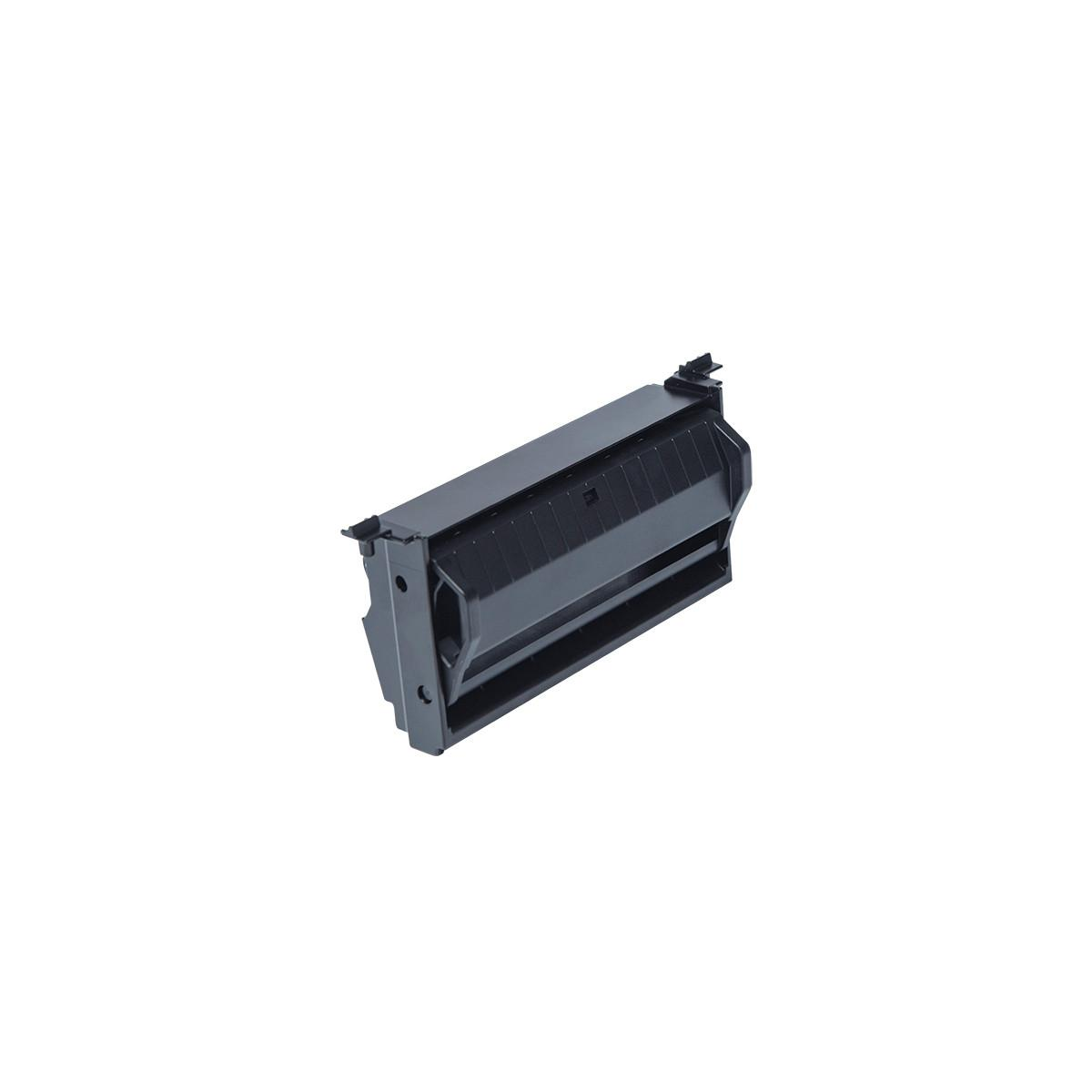 Una cartuccia toner per stampante nera con alette su sfondo bianco.