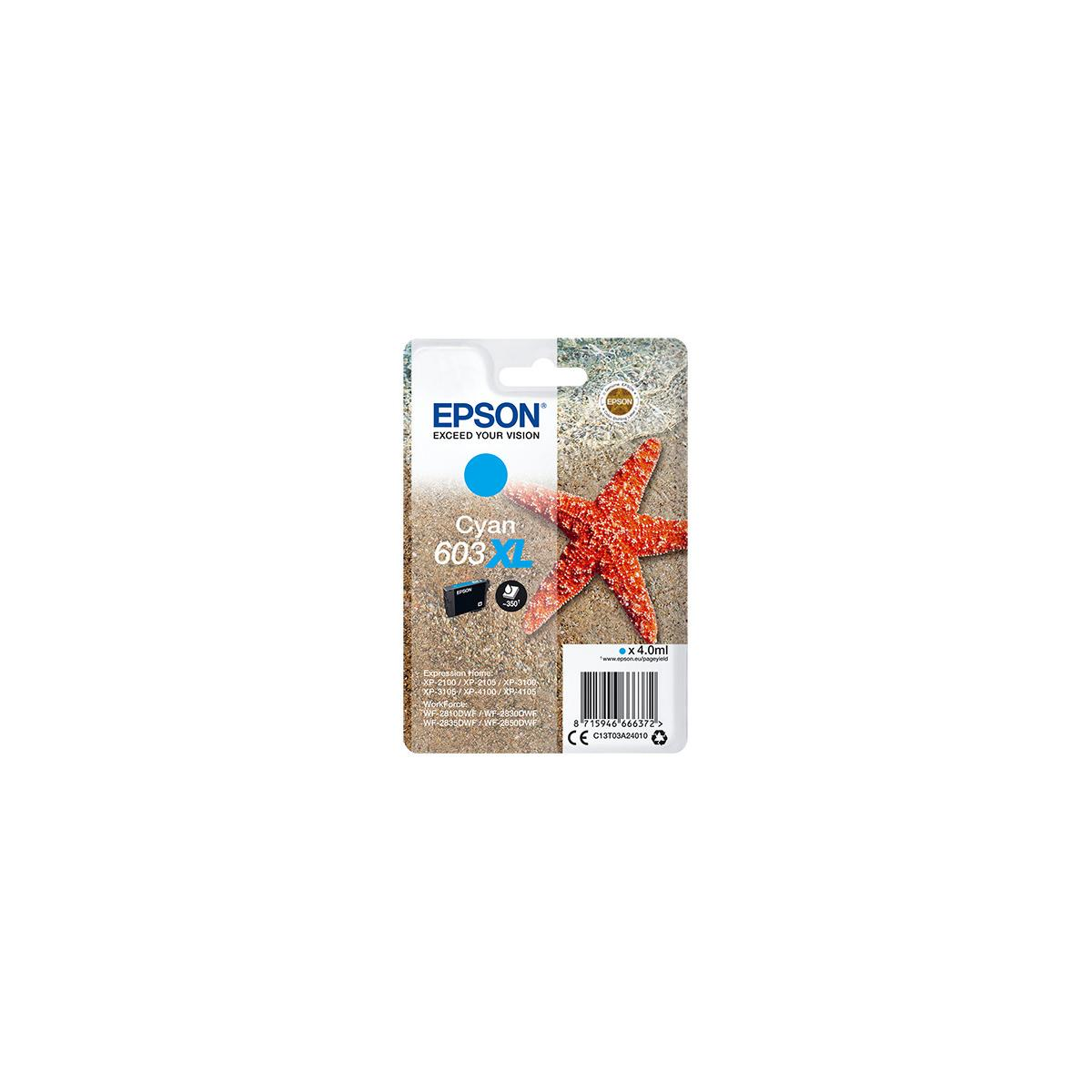 Epson Cyan 603XL inktpatroon met zeester op zandige achtergrond.