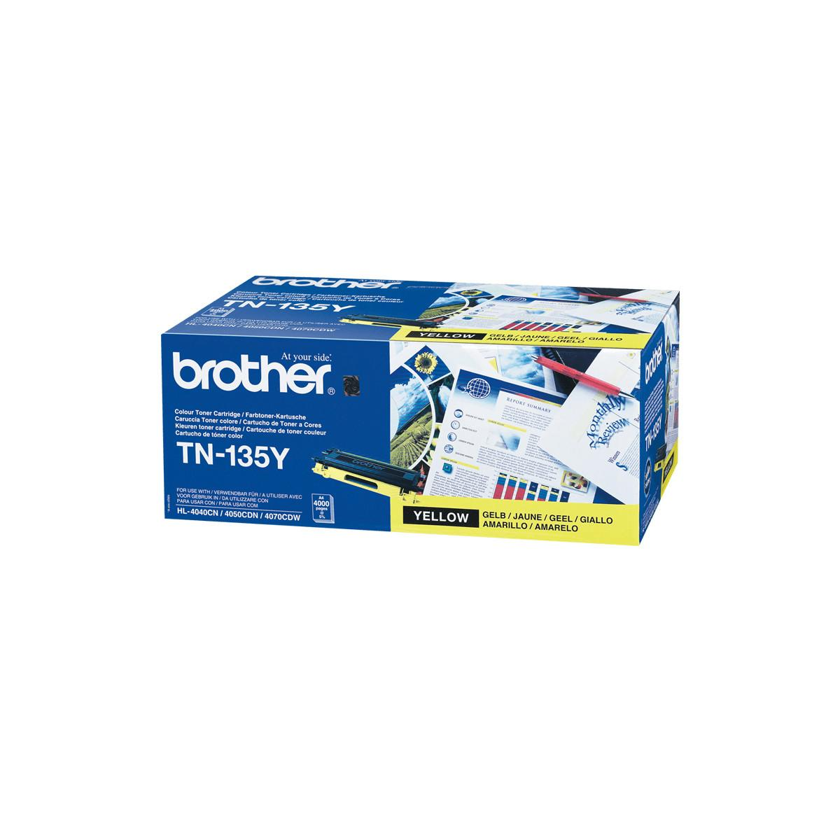 Brother TN-135Y yellow toner cartridge box with product info and images.