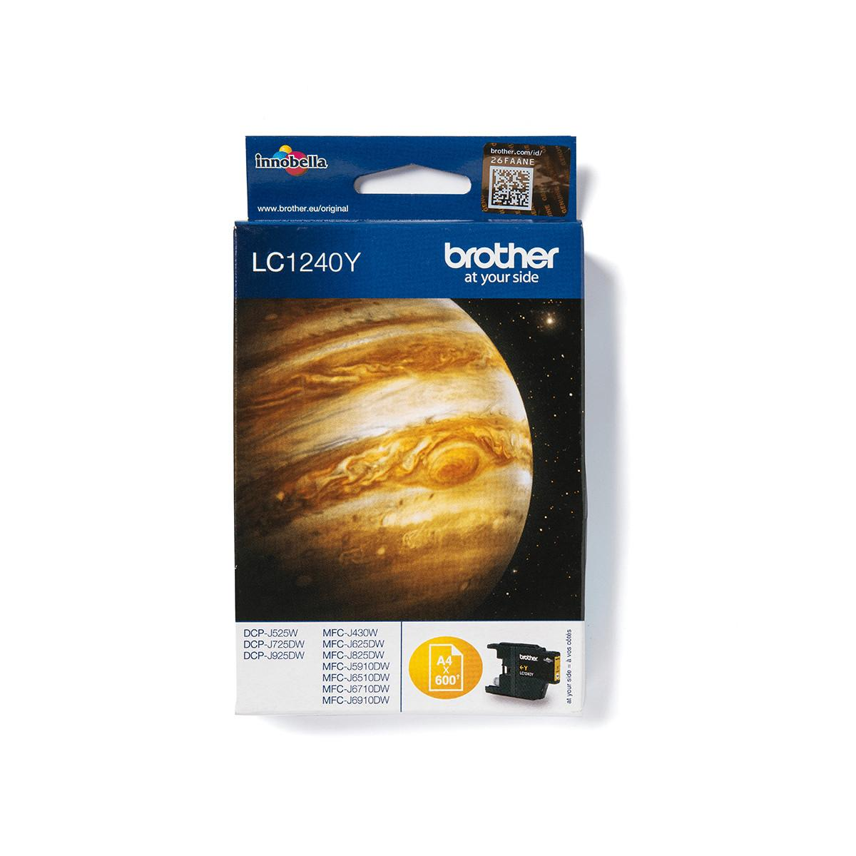 Brother LC1240Y ink cartridge packaging featuring Jupiter and text details.