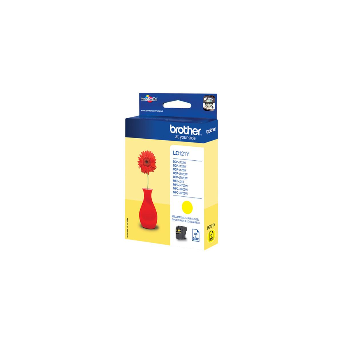 Brother LC121Y yellow ink cartridge packaging with red vase and flower graphic.