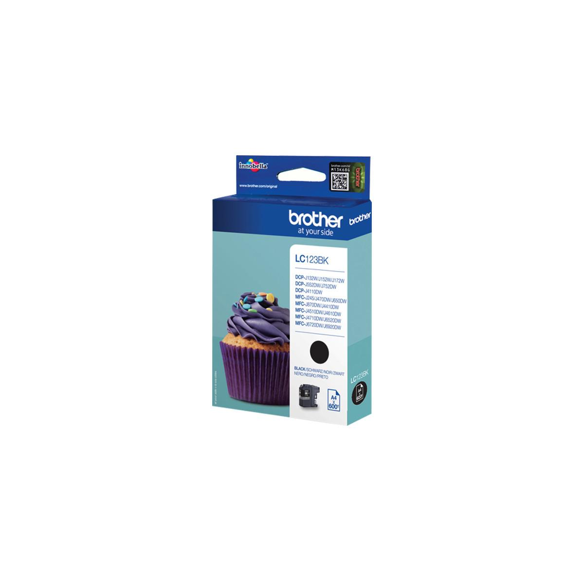 Brother LC123BK inktcartridge met paarse cupcake en productinformatie.