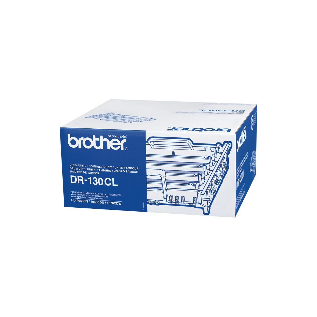 Scatola bianca con unità tamburo Brother DR-130CL, testo blu e illustrazione.