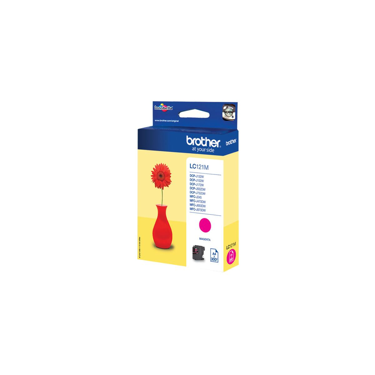 Verpakking Brother LC121M Magenta inktcartridge met rode vaas en bloem.