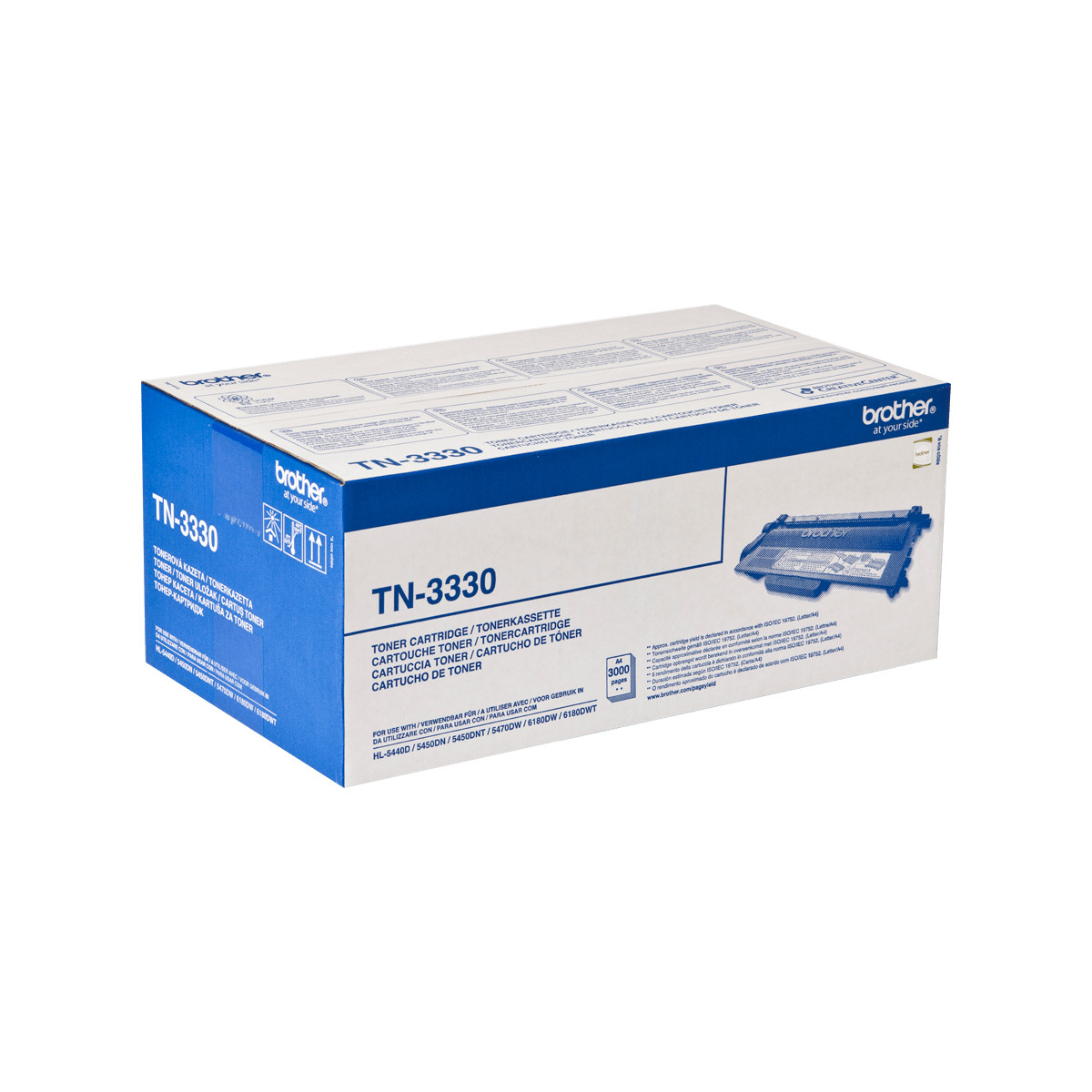 Una cartuccia toner Brother TN-3330 nella sua confezione.