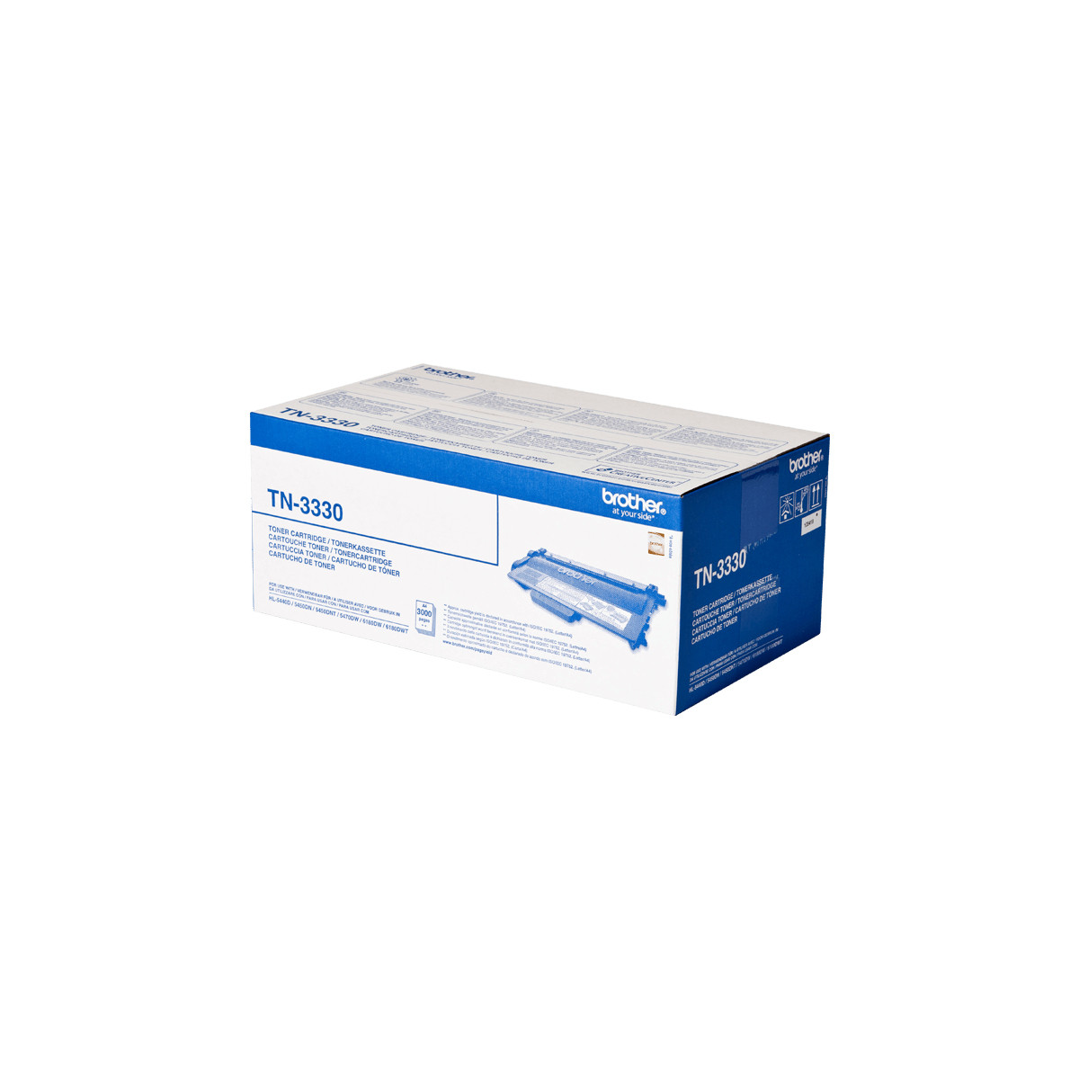 Una cartuccia toner Brother TN-3330 è mostrata nella sua confezione blu e bianca.