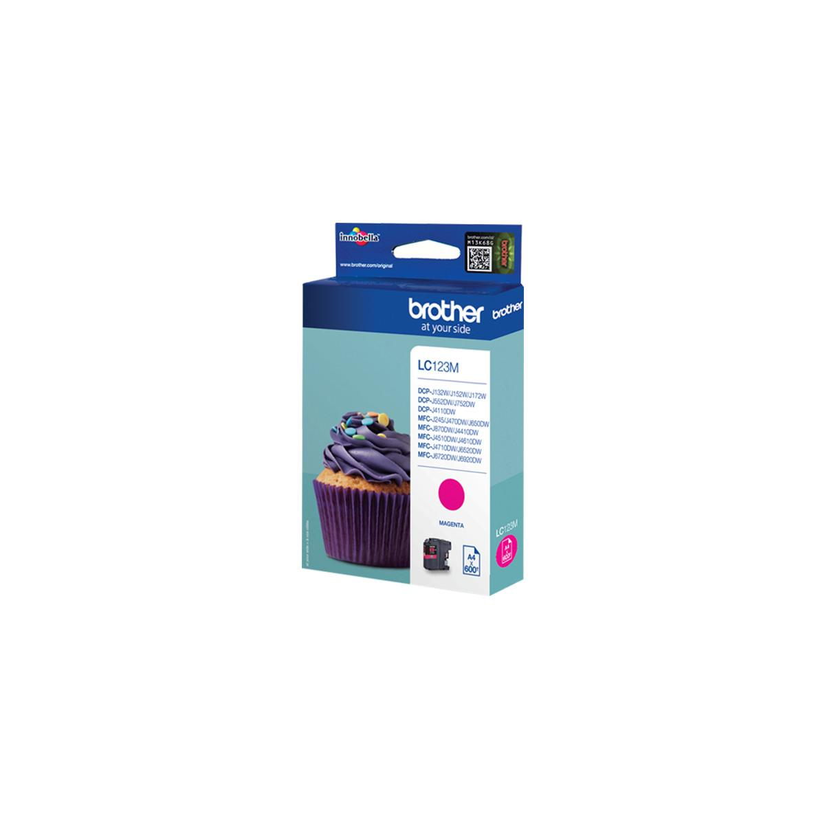 Brother LC123M Magenta ink cartridge with cupcake illustration. White background.