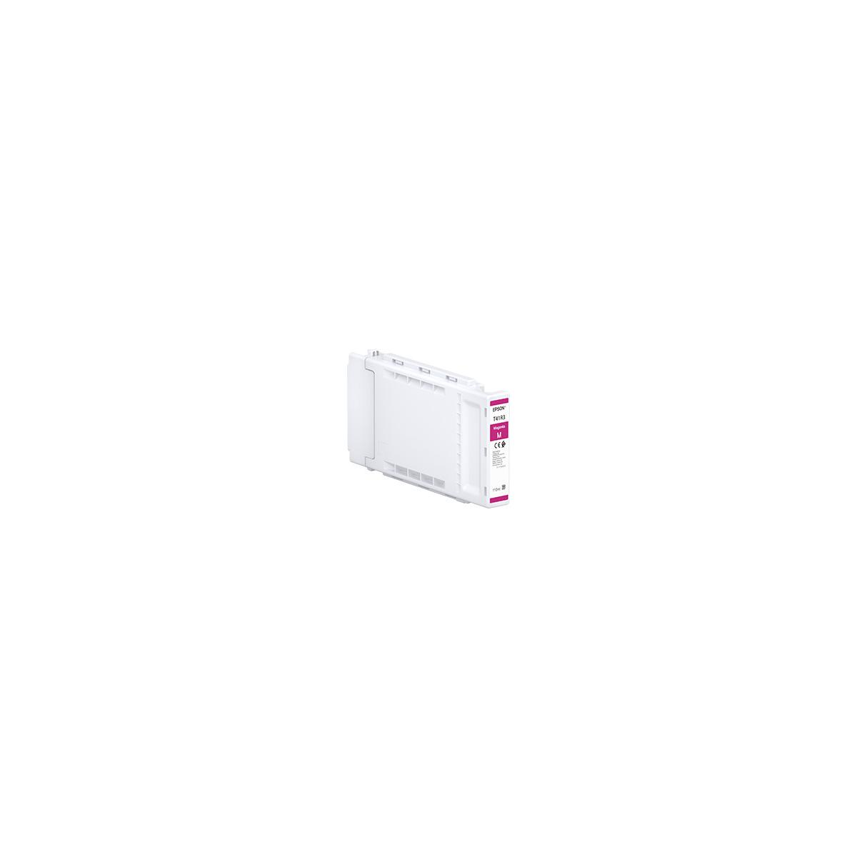 Un cartucho de tinta blanco para impresora de inyección de tinta con una pequeña etiqueta rosa.