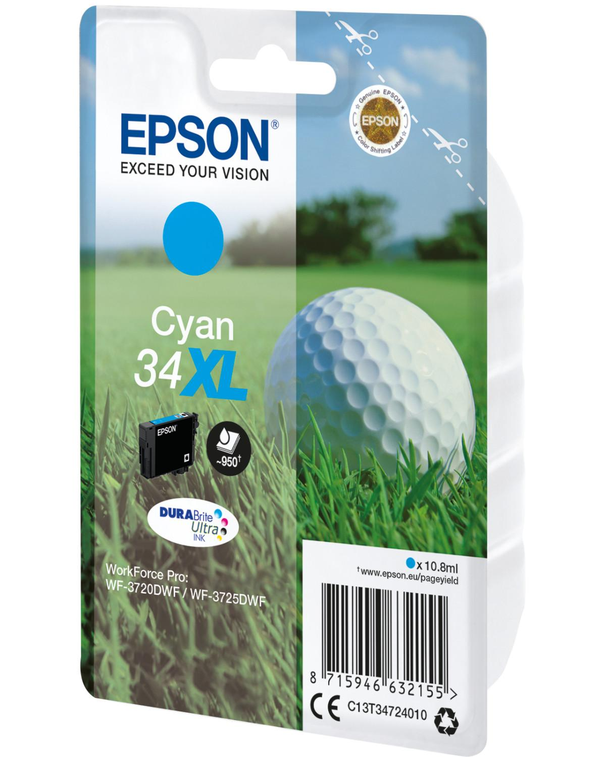 Emballage de cartouche d'encre Epson Cyan 34XL avec balle de golf et scène d'herbe.