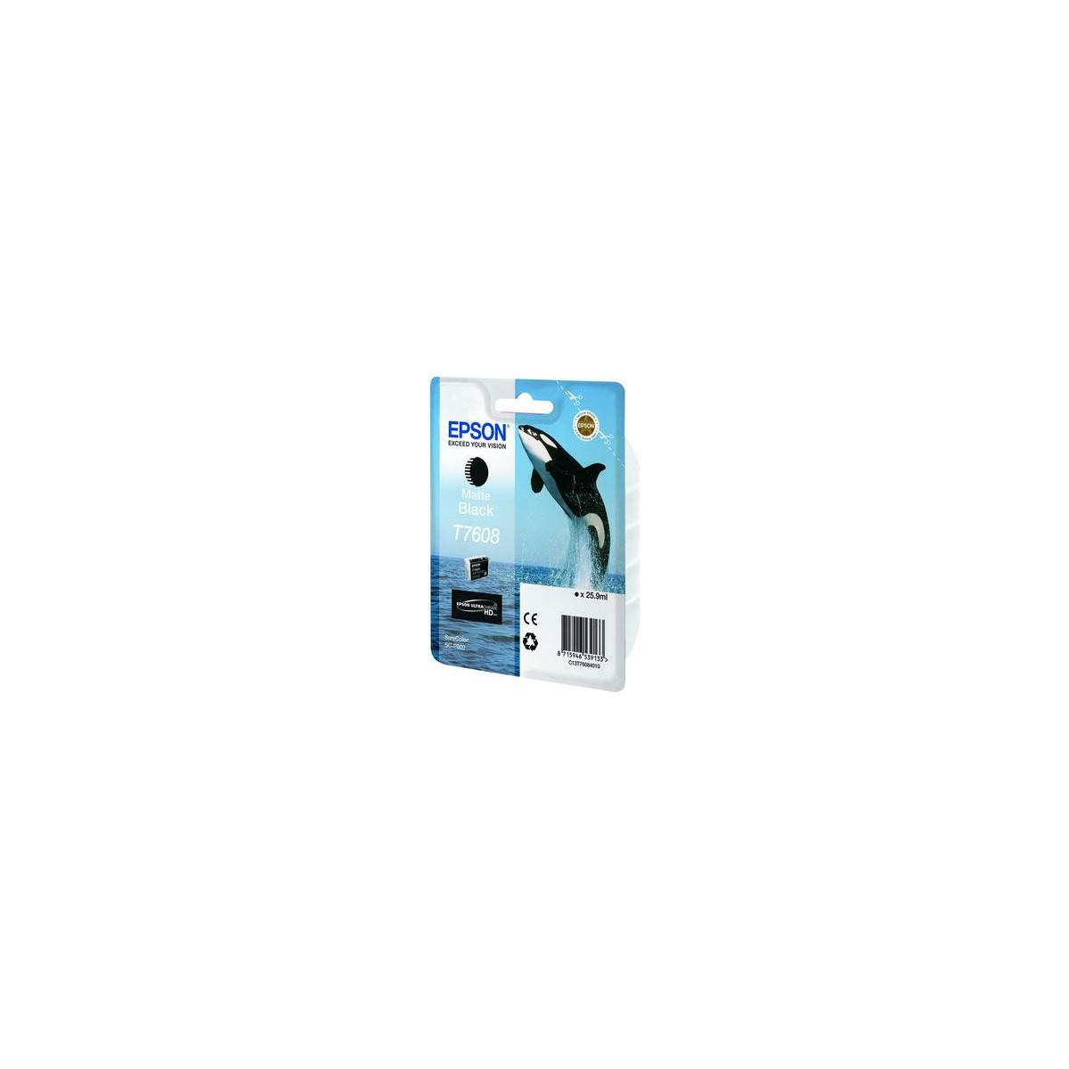 Epson T7608 Mat Zwart inktpatroon met orca logo op verpakking, 25.9ml.