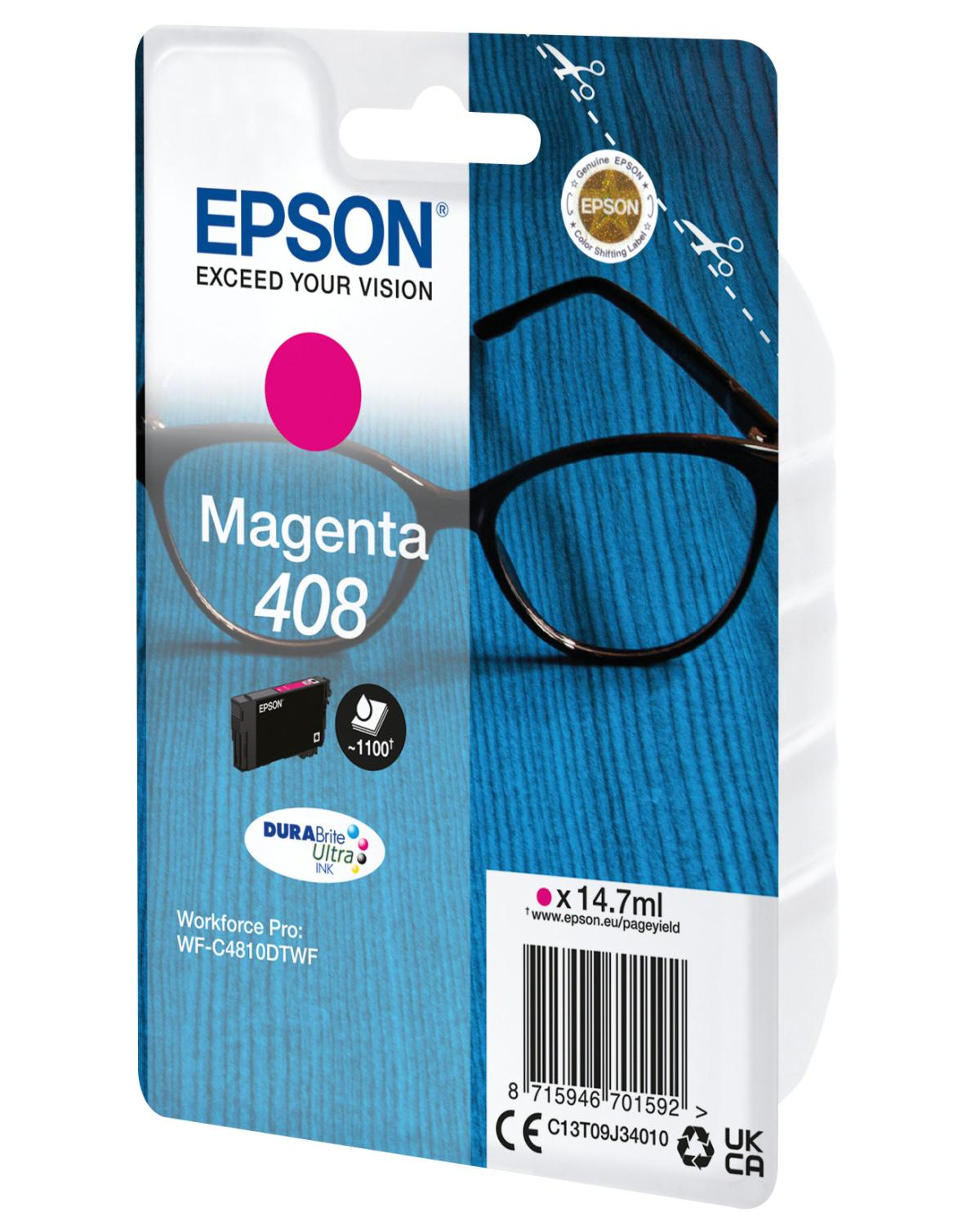 Epson Magenta 408 inkt voor Workforce Pro printer op blauwe achtergrond.