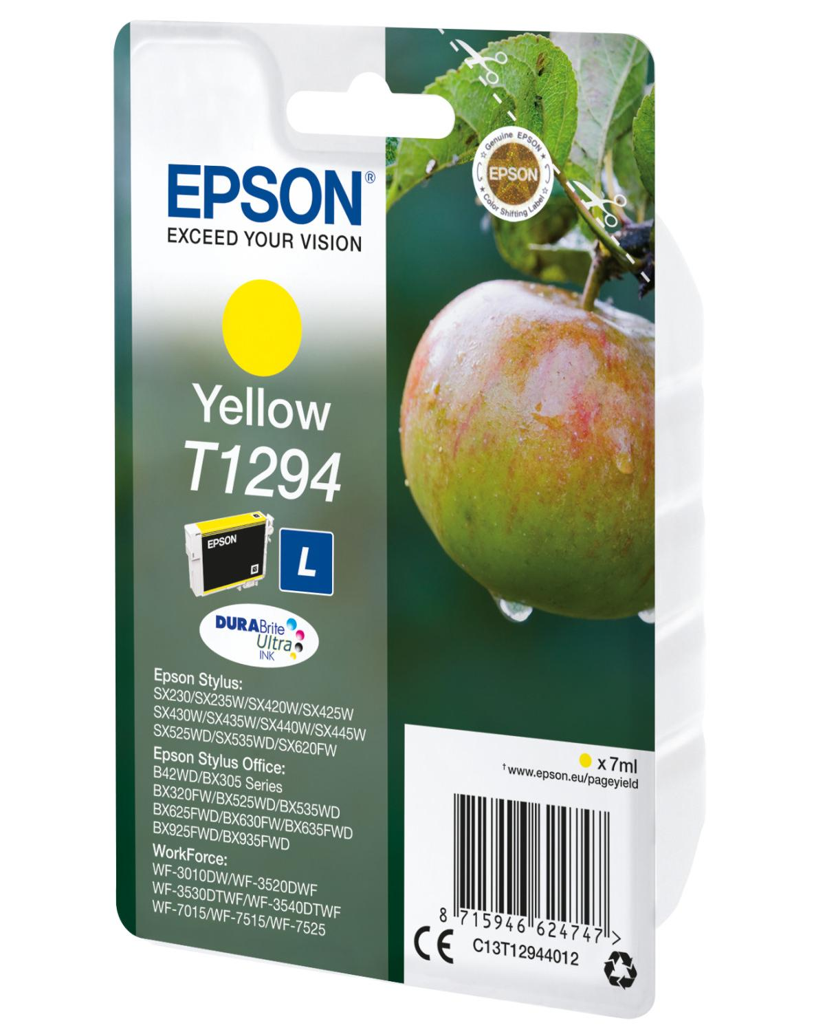 Cartuccia d'inchiostro Epson T1294 gialla con immagine di mela e dettagli.