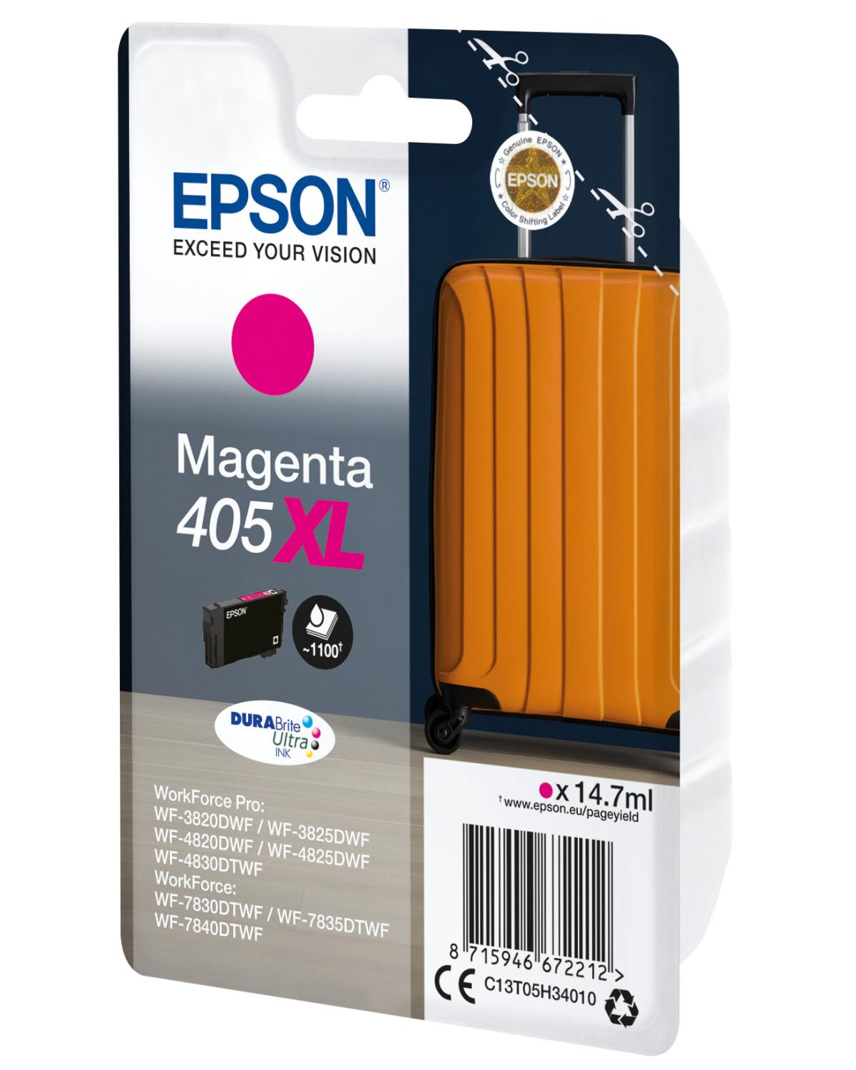 Tusz Epson Magenta 405XL z motywem walizki w tle.