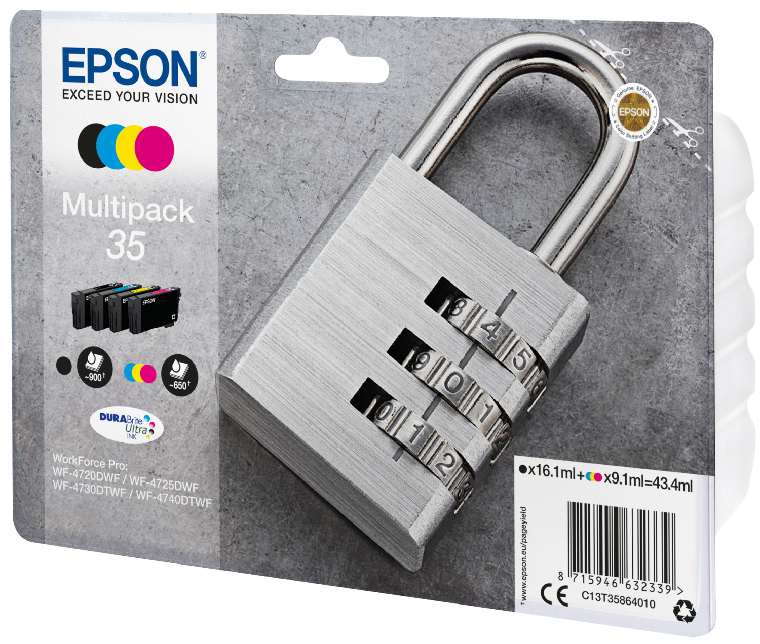 Cartuchos de tinta Epson Multipack 35 con un candado plateado.