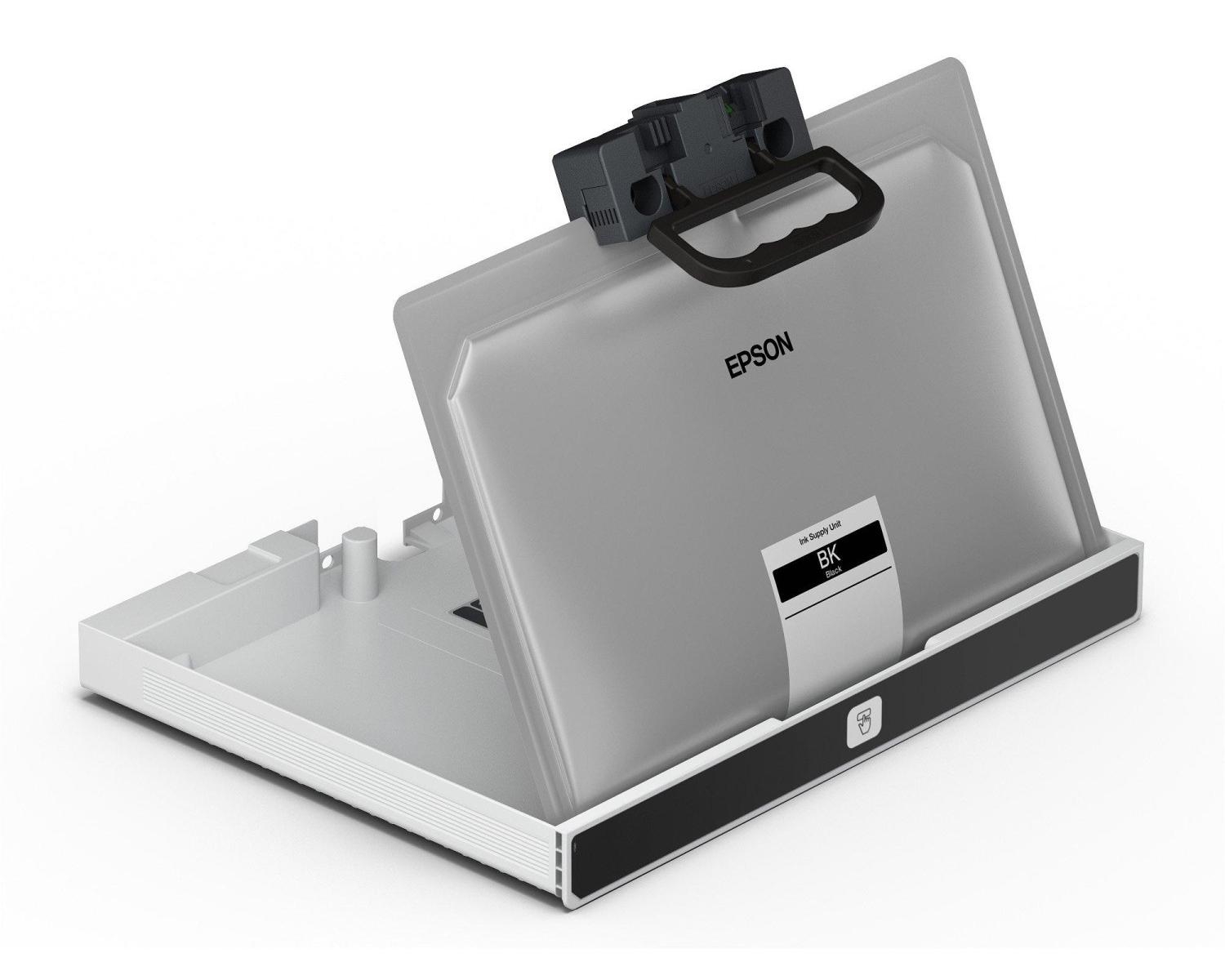 Epson Drucker-Tintenversorgungseinheit mit schwarzem Tintenbehälter.