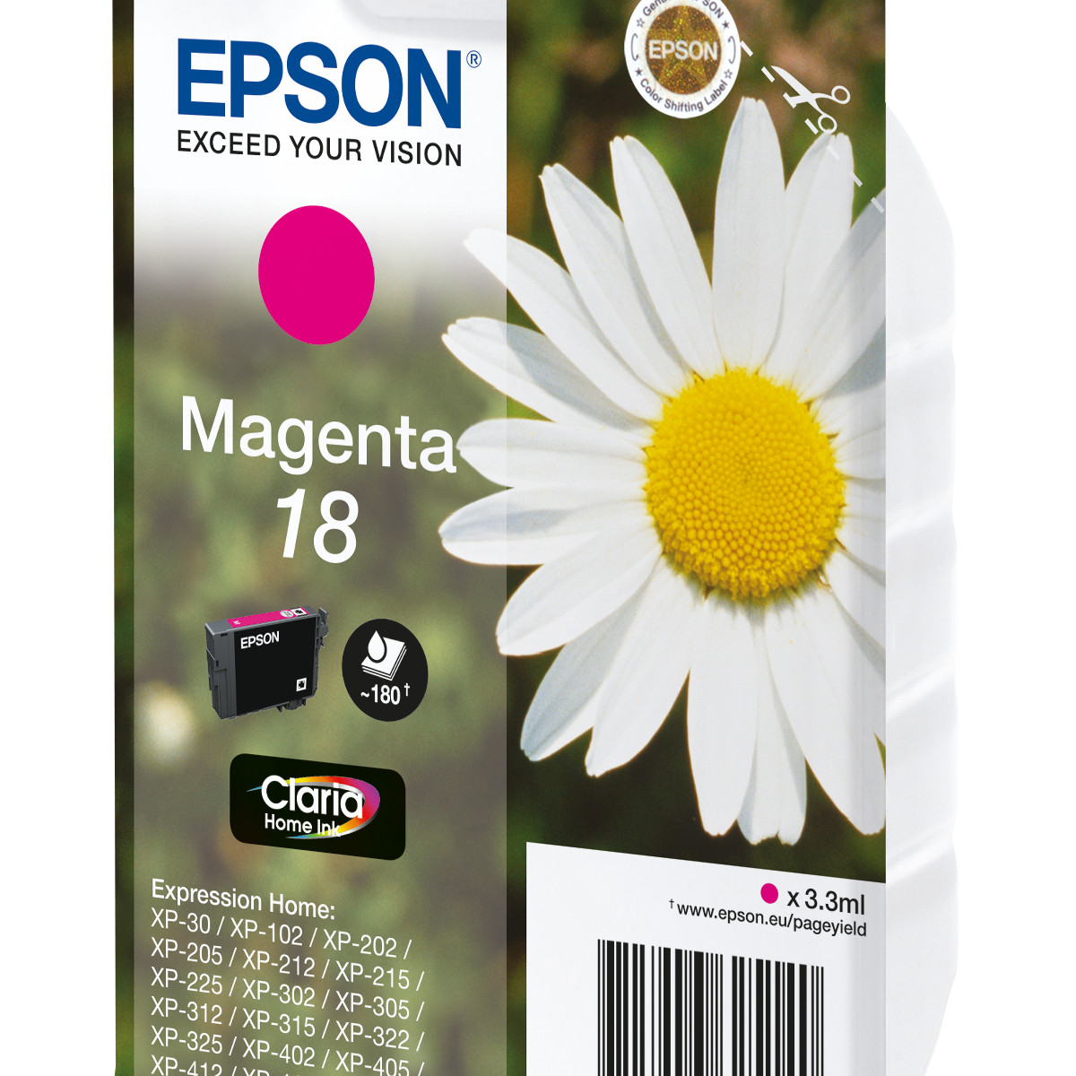 Inchiostro Epson Magenta 18 con una margherita e un'immagine di cartuccia.