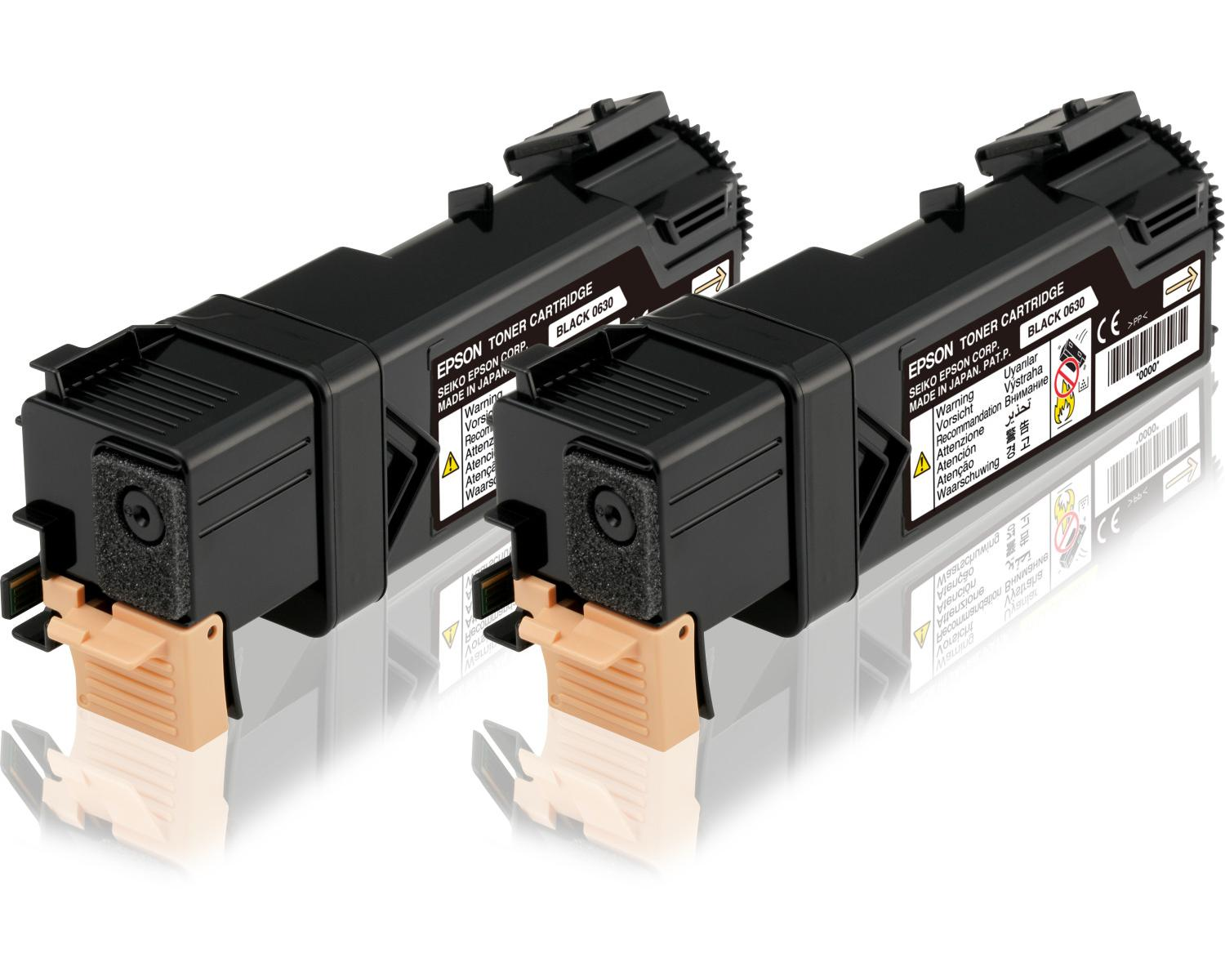 Due cartucce toner Epson nere, modello BLACK 0630, Made in Japan.