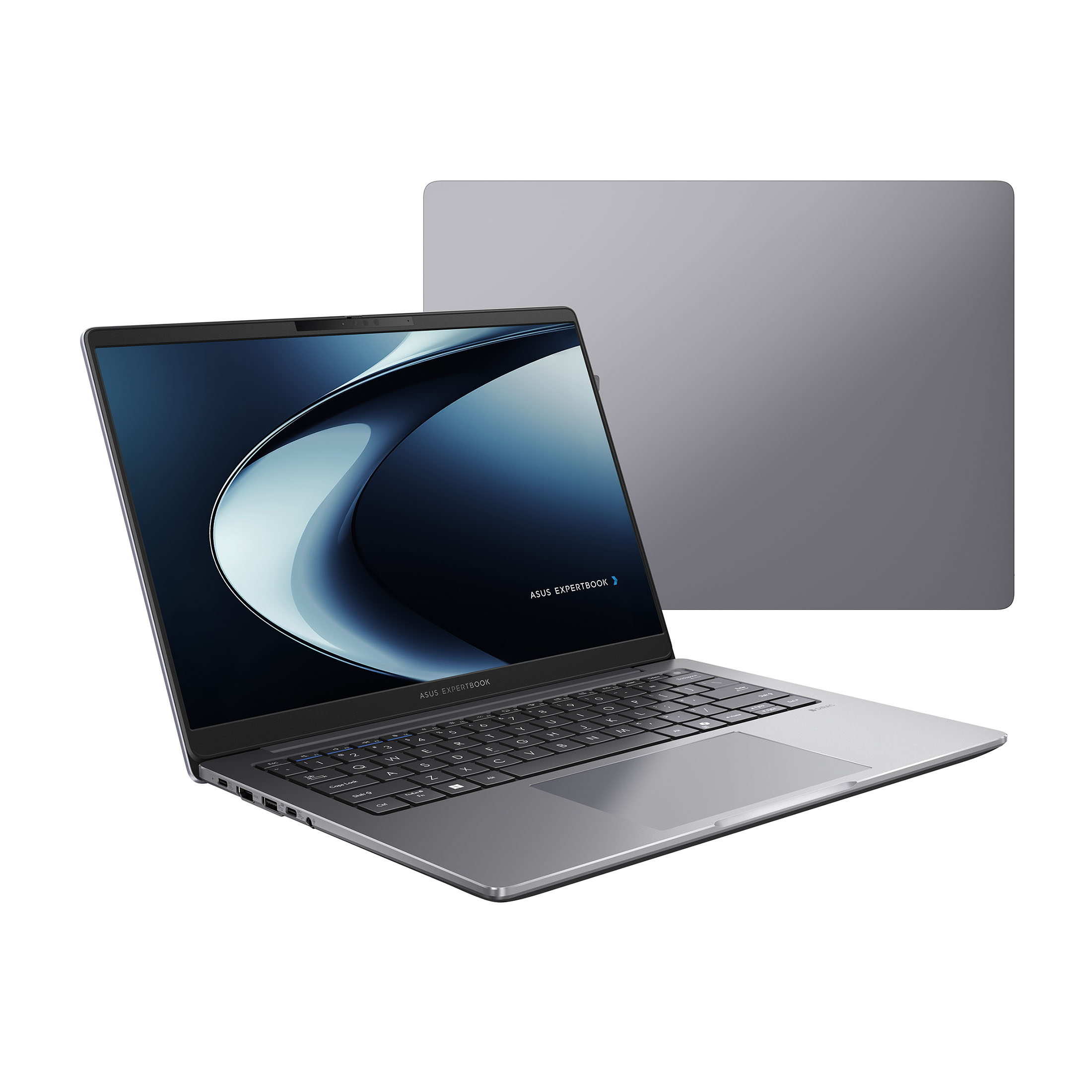 Ein silberner Asus Expertbook Laptop mit beleuchteter Tastatur und Bildschirm.