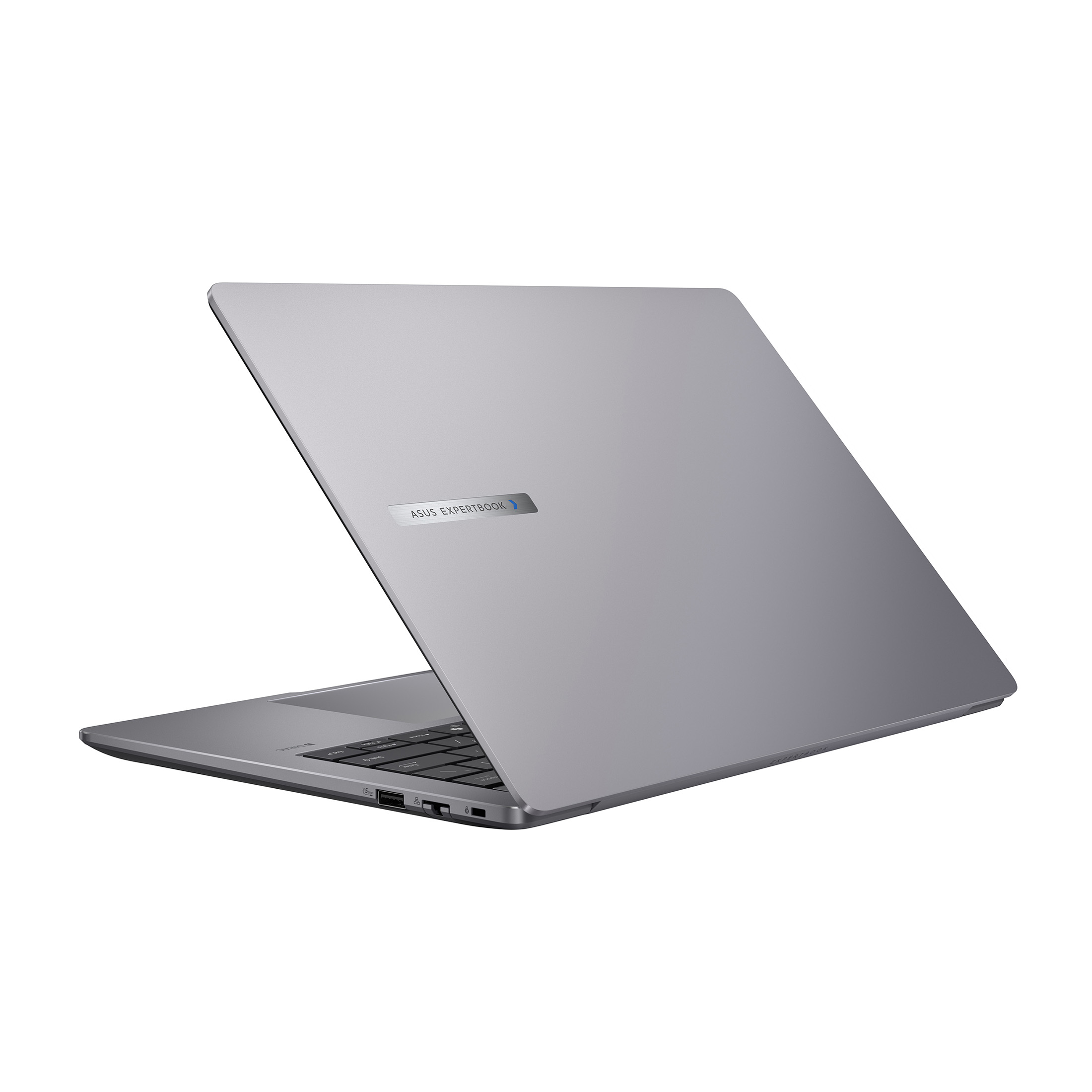 Silbernes Asus Expertbook Laptop, Rückansicht, leicht geöffnet, weißer Hintergrund.