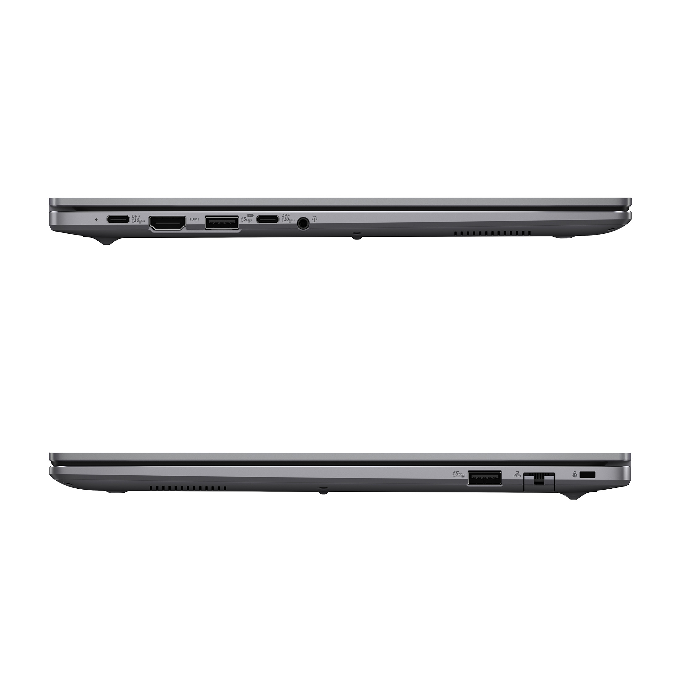 Grauer Laptop Seitenansicht mit Anschlüssen: USB-C, HDMI, USB-A, Kopfhörerbuchse.