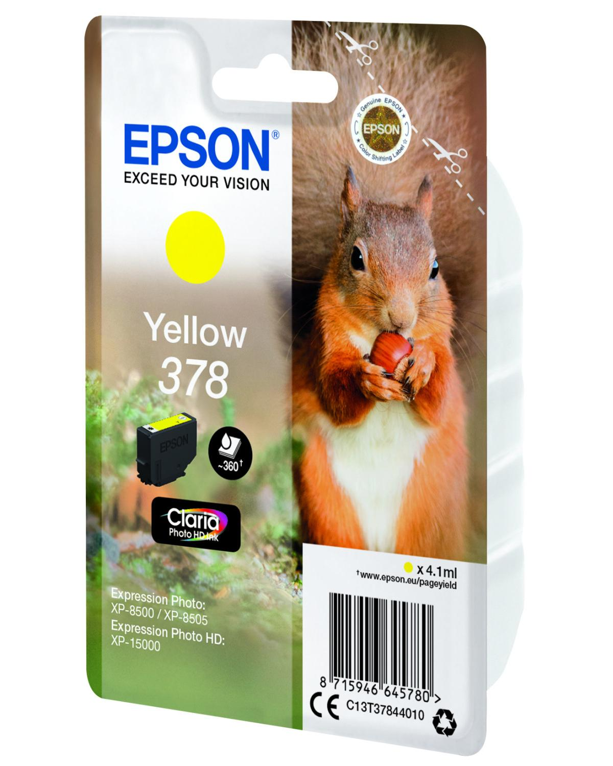 Cartuccia inchiostro Epson giallo 378, confezione con grafica scoiattolo.