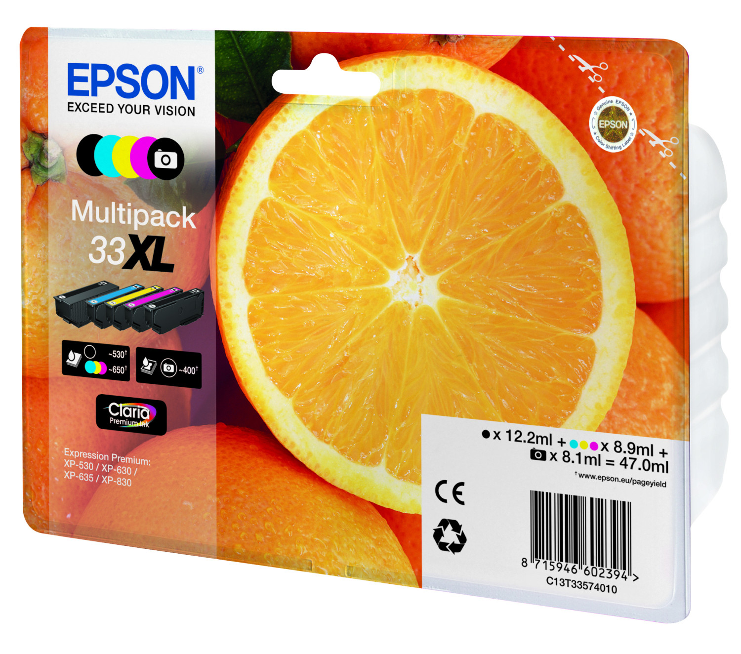 Wkłady atramentowe Epson Multipack 33XL z motywem pomarańczy. Zawiera cztery wkłady.