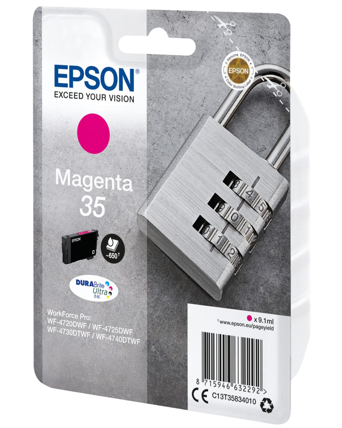 Cartucho de tinta Epson Magenta 35 en empaque con candado y detalles del producto.