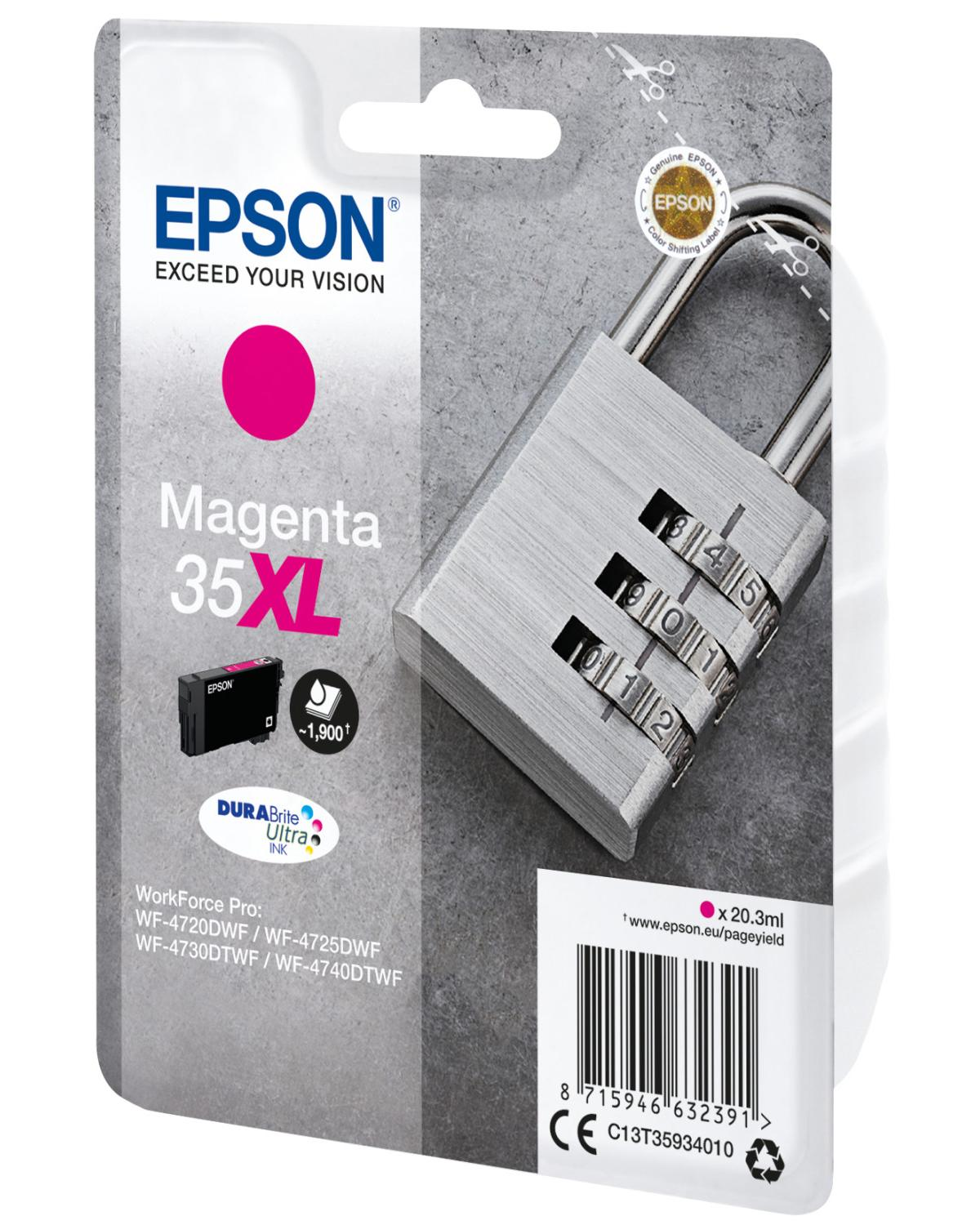 Cartucho de tinta Epson Magenta 35XL con candado de combinación plateado en el embalaje.