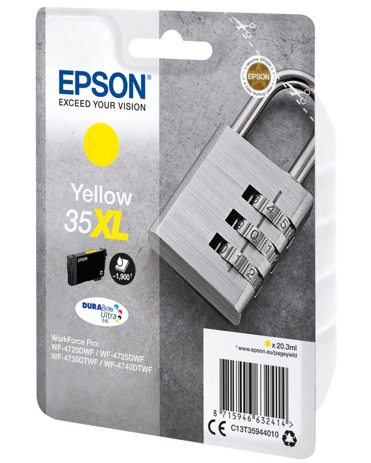 Żółty tusz Epson XL w opakowaniu z kłódką szyfrową.