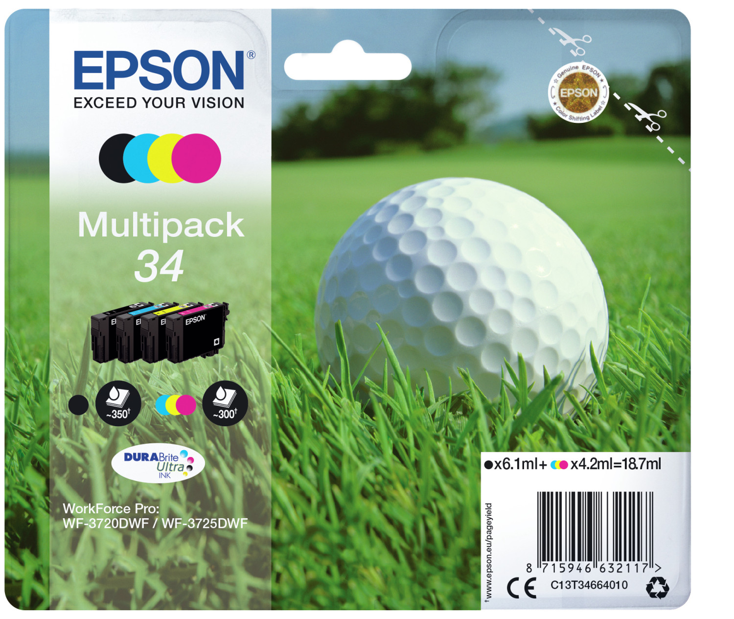 Cartuchos de tinta Epson Multipack 34 con una pelota de golf sobre hierba. Primer plano con cartuchos, fondo campo de golf.