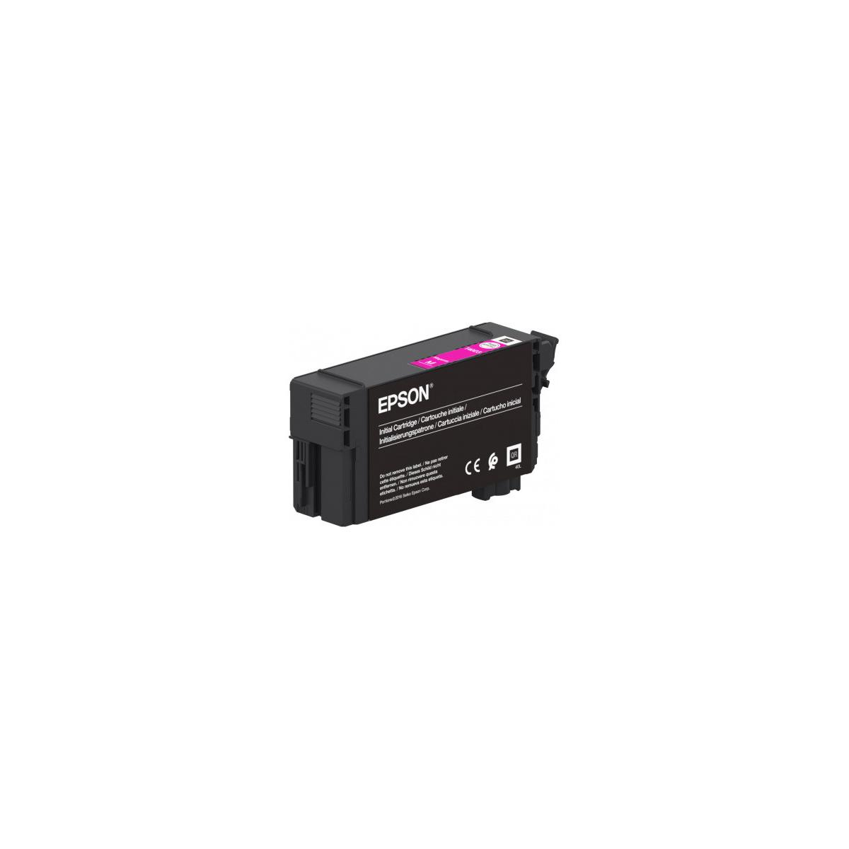 Cartucho de tinta Epson rosa con marca CE y texto.