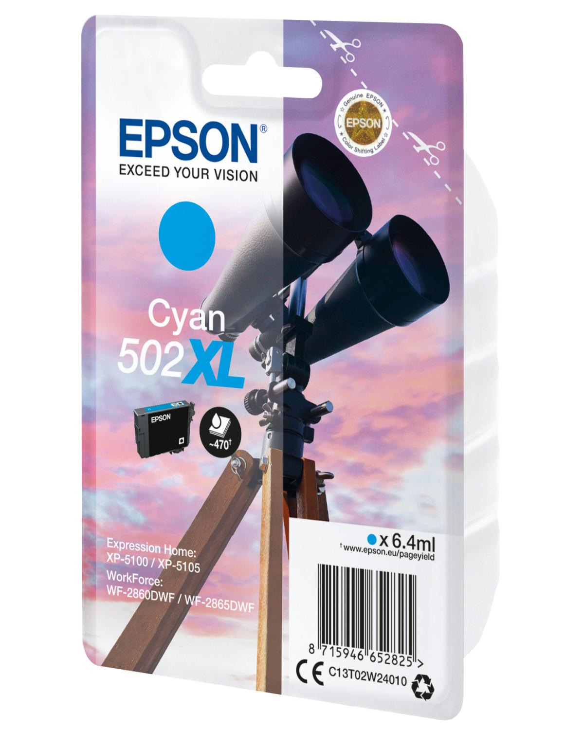 Epson Cyan 502XL Tintenpatronenverpackung mit Fernglas auf Stativ.