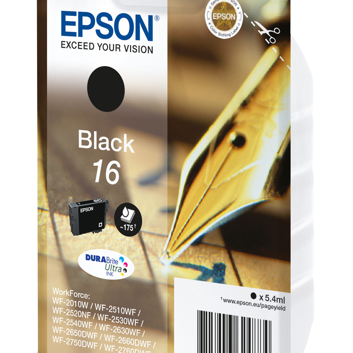 Epson inkt 16 zwart voor printers, met vulindicator en gouden penpunt.