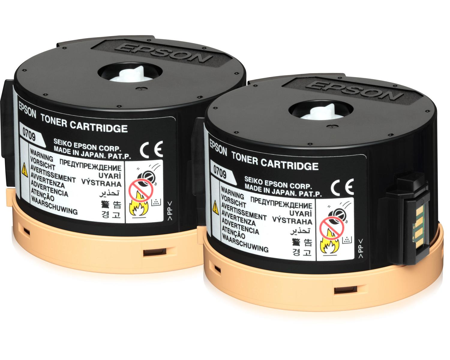Due cartucce toner Epson nere con base gialla su sfondo bianco.