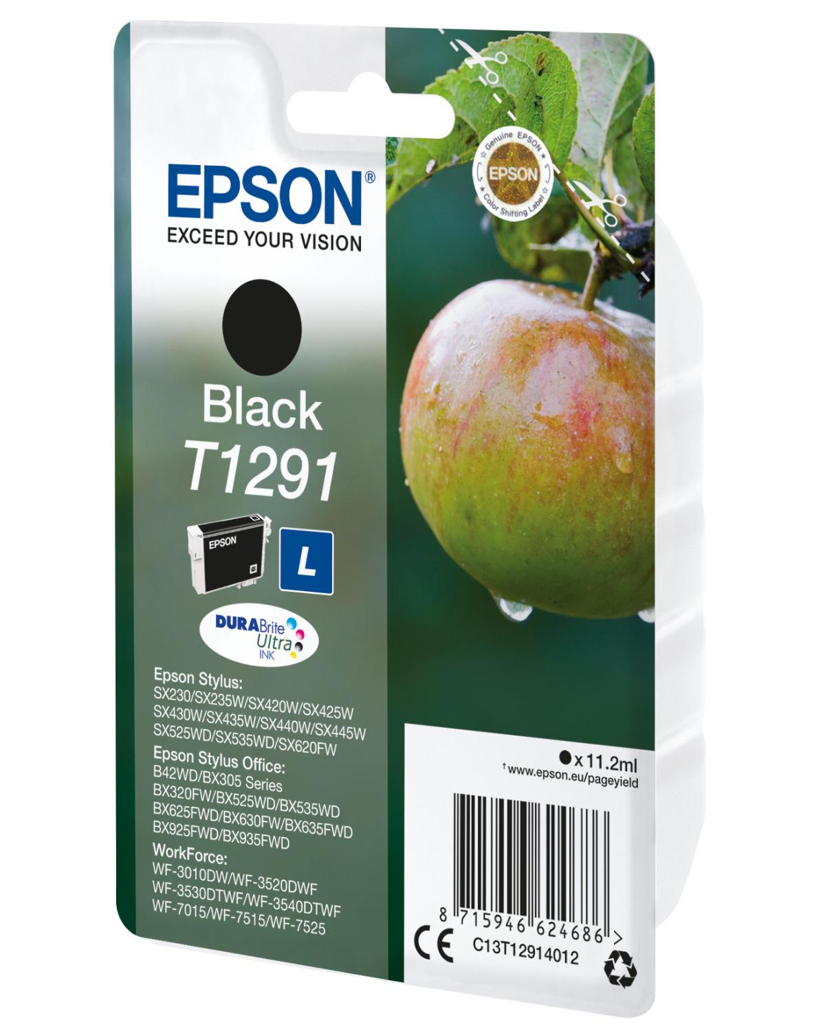 Cartuccia d'inchiostro nero Epson T1291 con grafica mela e dettagli.